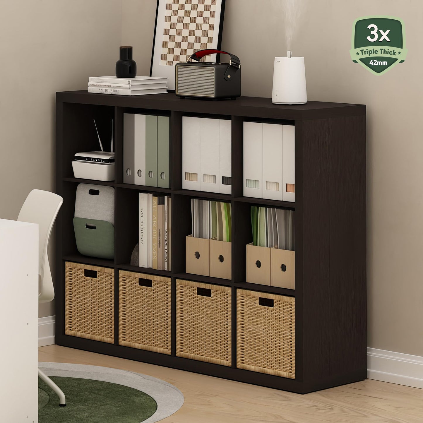 Furinno Cubicle Book Shelf, 12-Cube Bookshelf, Triple Thick Frame Cube Storage Organizer Bookcase, 1.65" Thick, 15.3 x 57.4 x 43.3, for Living Room, Bedroom, Home Office, Black Dark Oak
