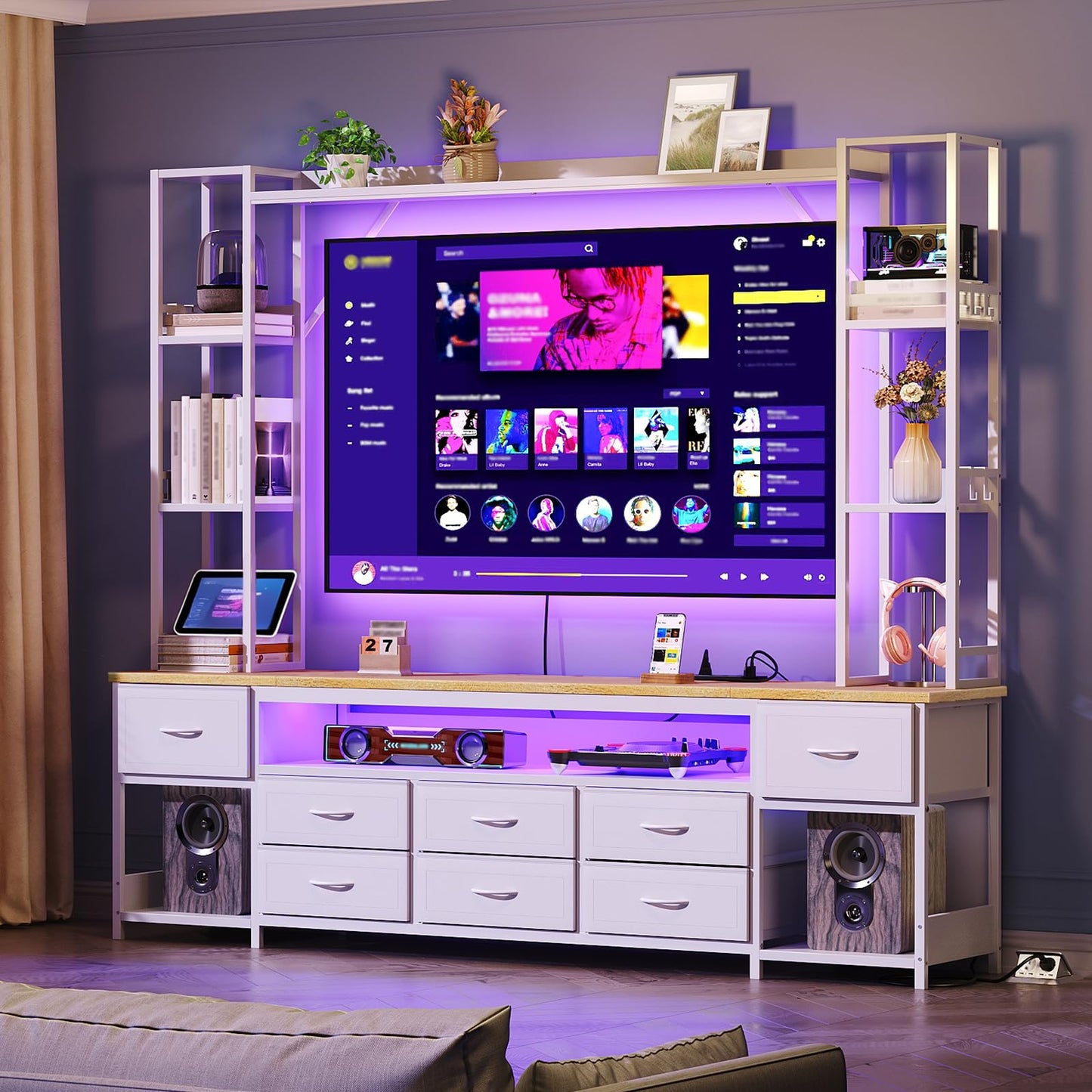 RALGEND Large Entertainment Center for Living Room, Wall Unit TV Stand with Bookshelves for TVs up to 65", Media Cabinet with Storage Drawers, LED TV Console with Power Outlets, White and Natural