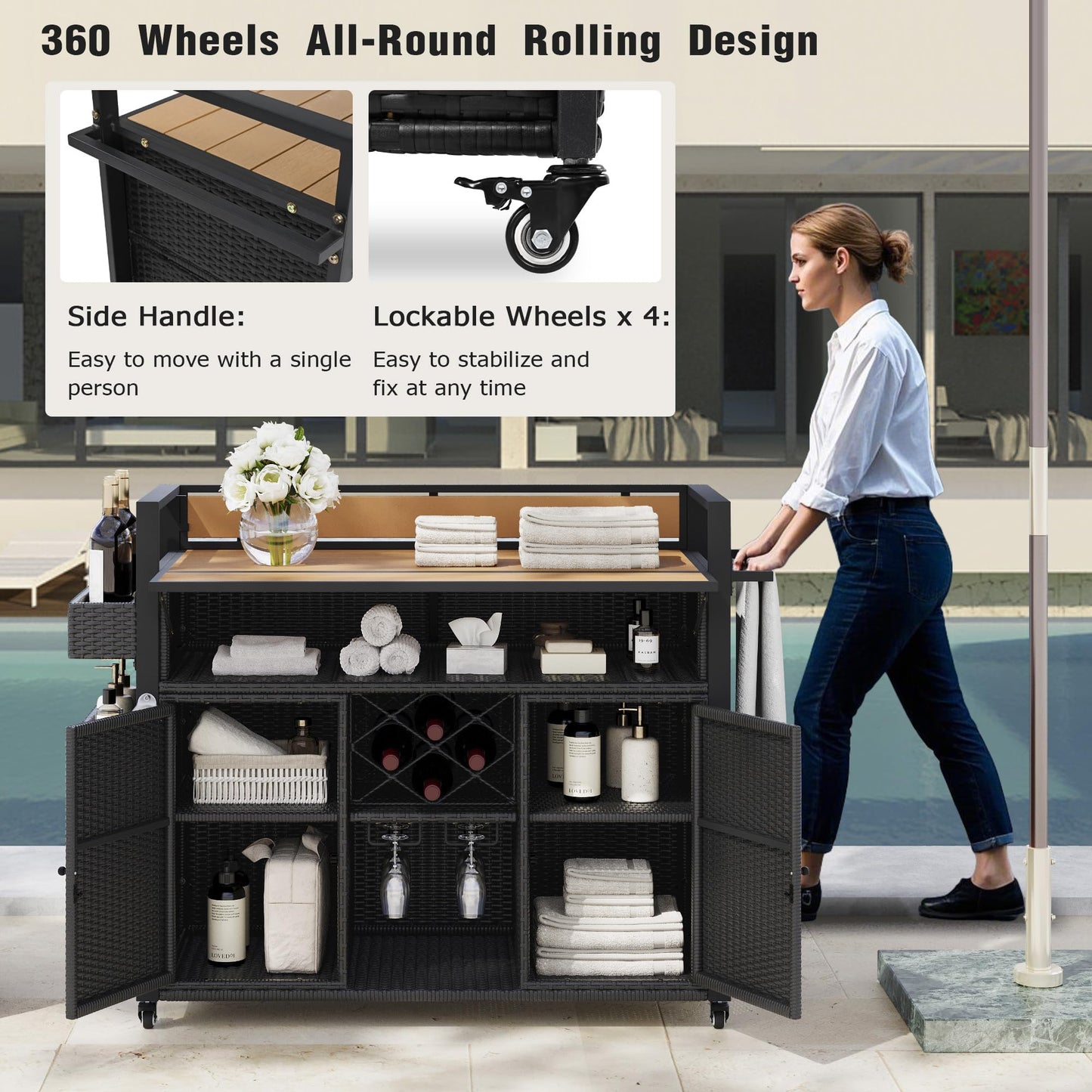 Merax 52.8"W Wicker Outdoor Grill Cart with Extended Plastic Wood Table Top, Rolling Kitchen Island on Wheels with Storage Cabinet for Patio Backyard Garden Poolside, Double Handle Design, Black Brown