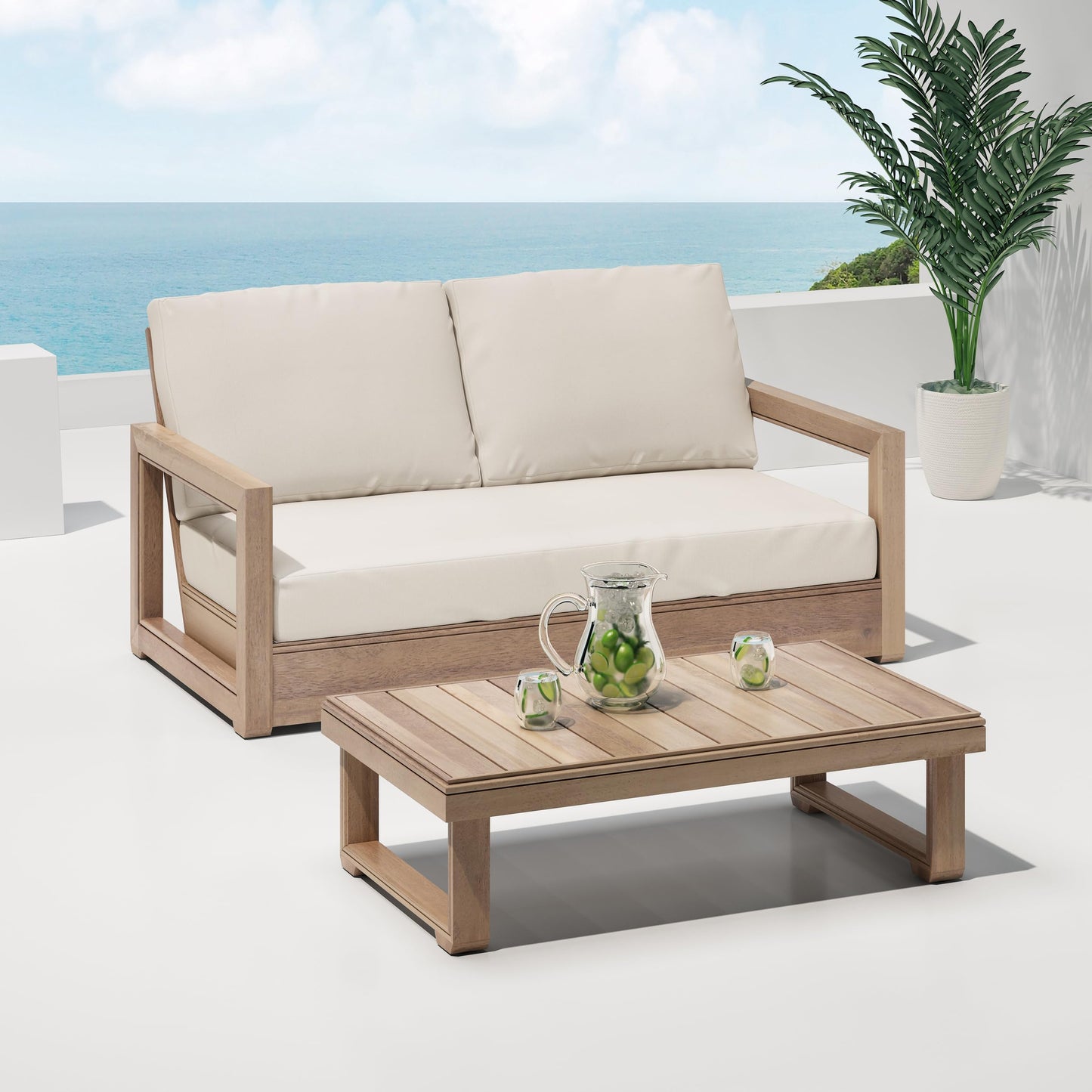 Christopher Knight Home 5-Piece Patio Furniture Set, Acacia Wood Outdoor Sofa Set with 3-Seater Couch, Loveseat, 2 Swivel Rocking Chairs & Coffee Table, Deep Seat Patio Conversation Set, Brown+Beige