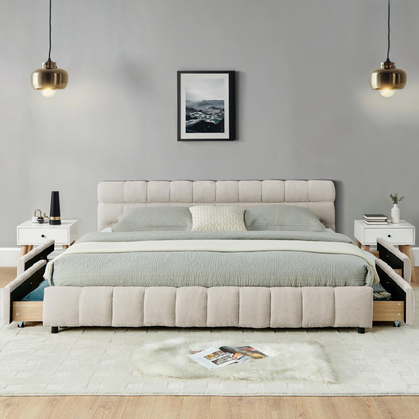 GDFStudio California King Size Upholstered Bed Frame with Thick Chenille Fabric, Modern Grounded Platform Bed with Headboard and Storage Drawers, Beige