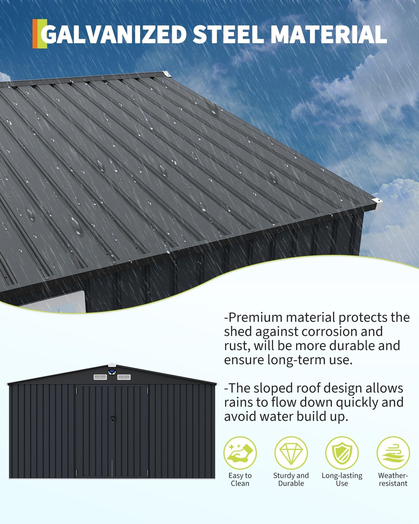 12x10 FT Outdoor Storage Shed with Windows and Solar LED Light, Large Waterproof Metal Garden Shed with Lockable Double Doors, Vented Sloped Roof for Backyard Lawn Patio, Dark Gray