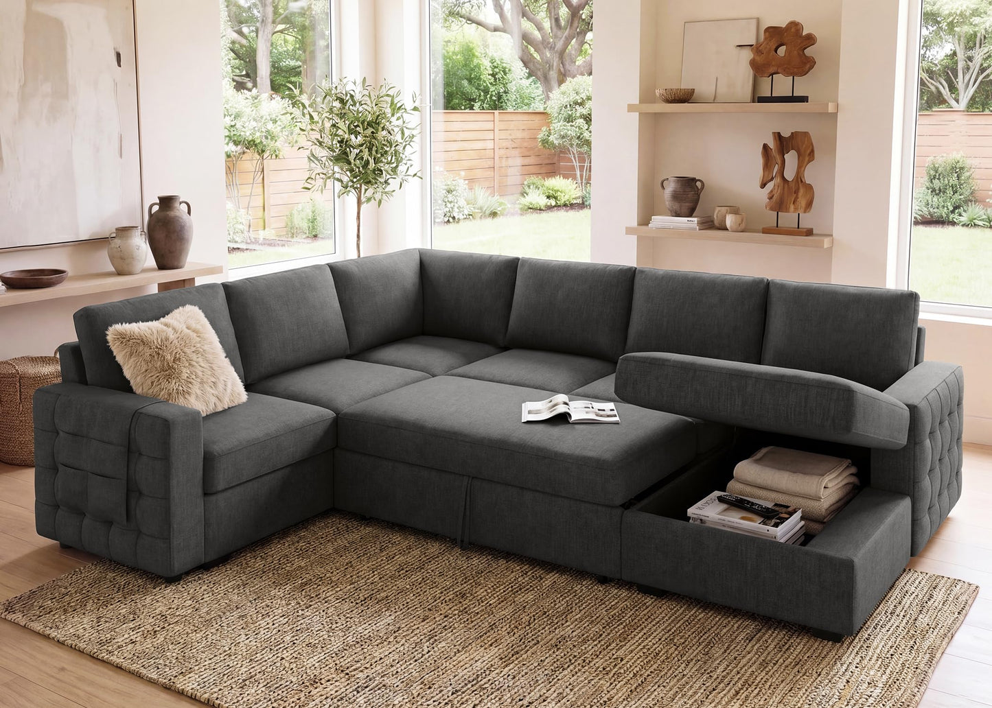 HONBAY Sectional Couch with Pull Out Bed, U-Shaped Sectional Sleeper Sofa with Storage, 6 Seater Sectional Sofa Bed, Mid-Grey