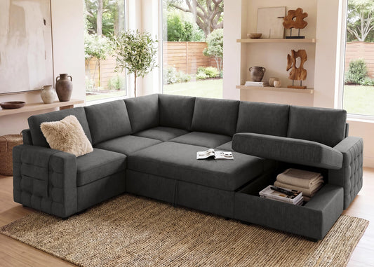 HONBAY Sectional Couch with Pull Out Bed, U-Shaped Sectional Sleeper Sofa with Storage, 6 Seater Sectional Sofa Bed, Mid-Grey
