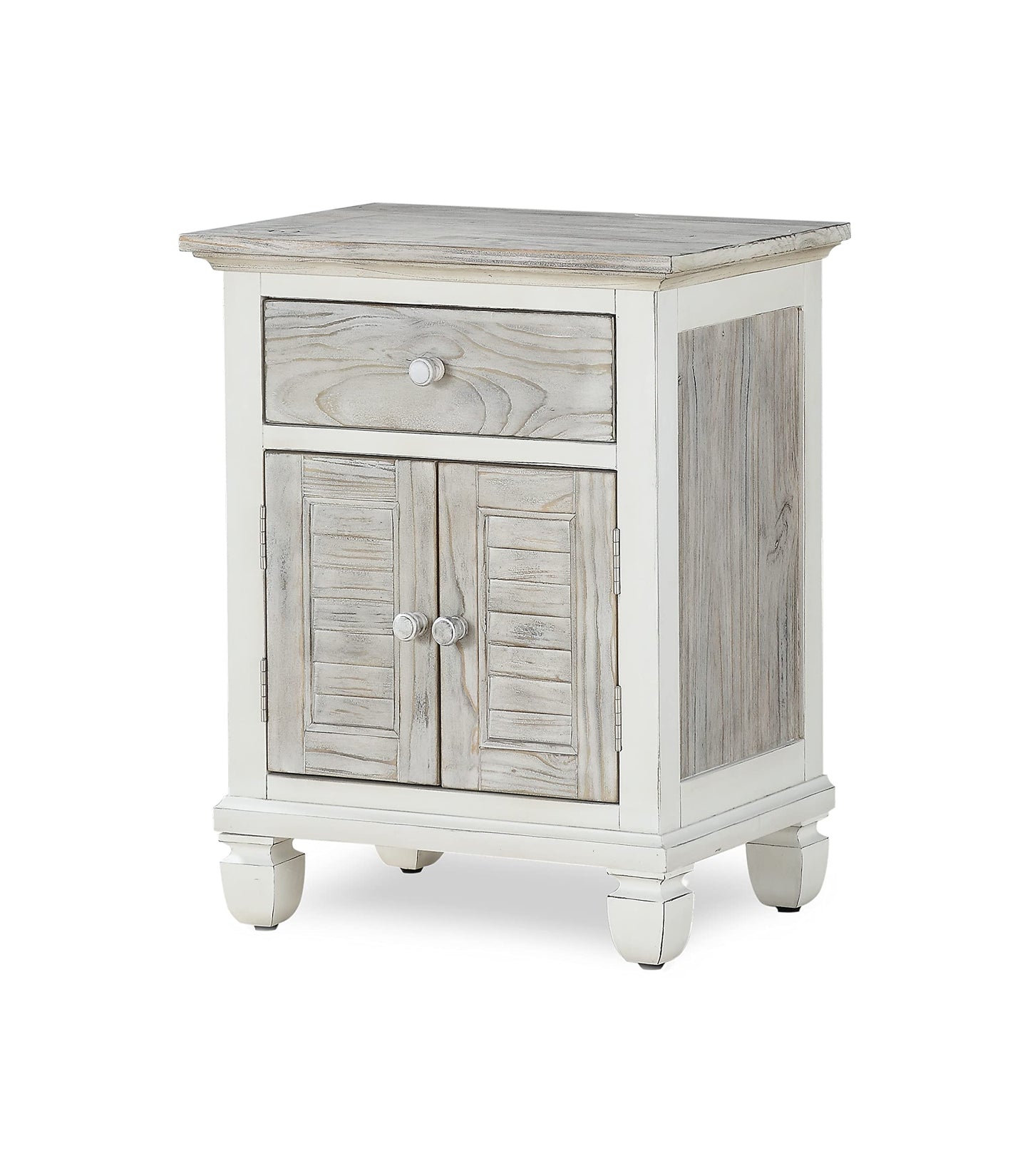 Sea Winds Trading Islamorada Nightstand 1 Drawer 2 Door Two-Tone Distressed Finish Solid Mindi Wood 28 H x 22 W x 16 D Inches Gray White