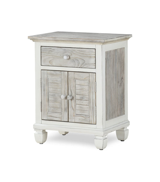 Sea Winds Trading Islamorada Nightstand 1 Drawer 2 Door Two-Tone Distressed Finish Solid Mindi Wood 28 H x 22 W x 16 D Inches Gray White