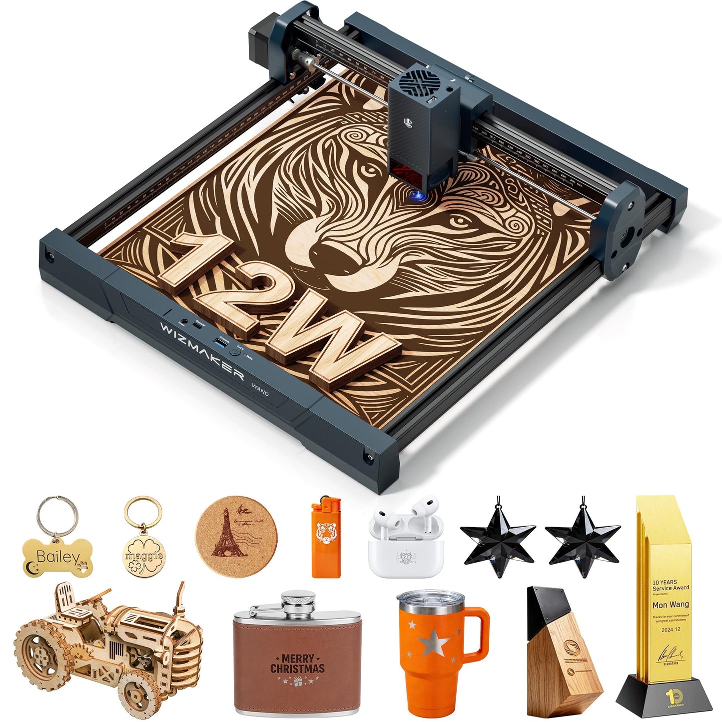 WIZMAKER Laser Engraver 12000mW, Compact Desktop Engraving Cutting Machine for Wood DIY Crafts, Small Business STEM Makers, 300×300mm Work Area, for Home, Acrylic, Metal 12W Laser Cutter