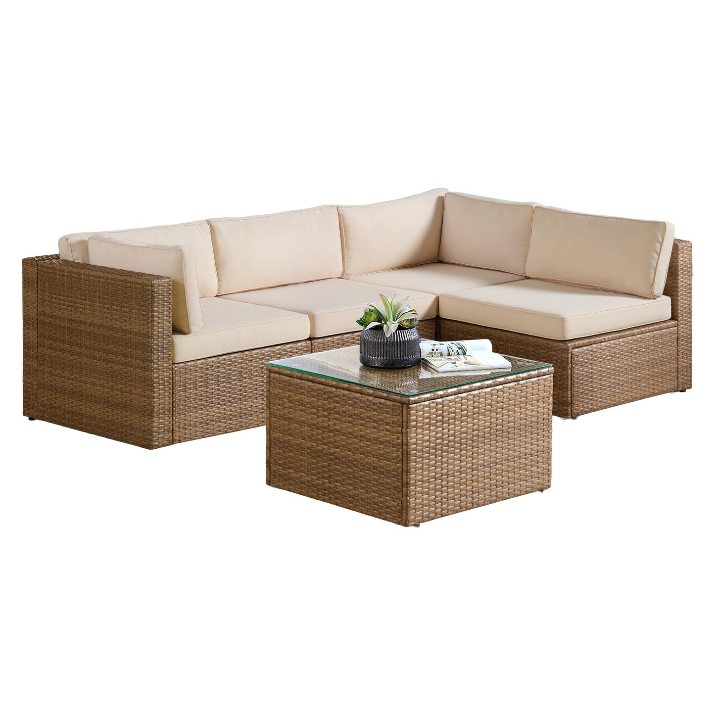 Alaterre Furniture Montara 5 Piece Modular Outdoor Patio Furniture Set - Weather-Resistant Wicker Rattan Patio Table and Chairs Set - Outdoor Couch Set for Backyard, Porch, or Deck (Tan/Cream)