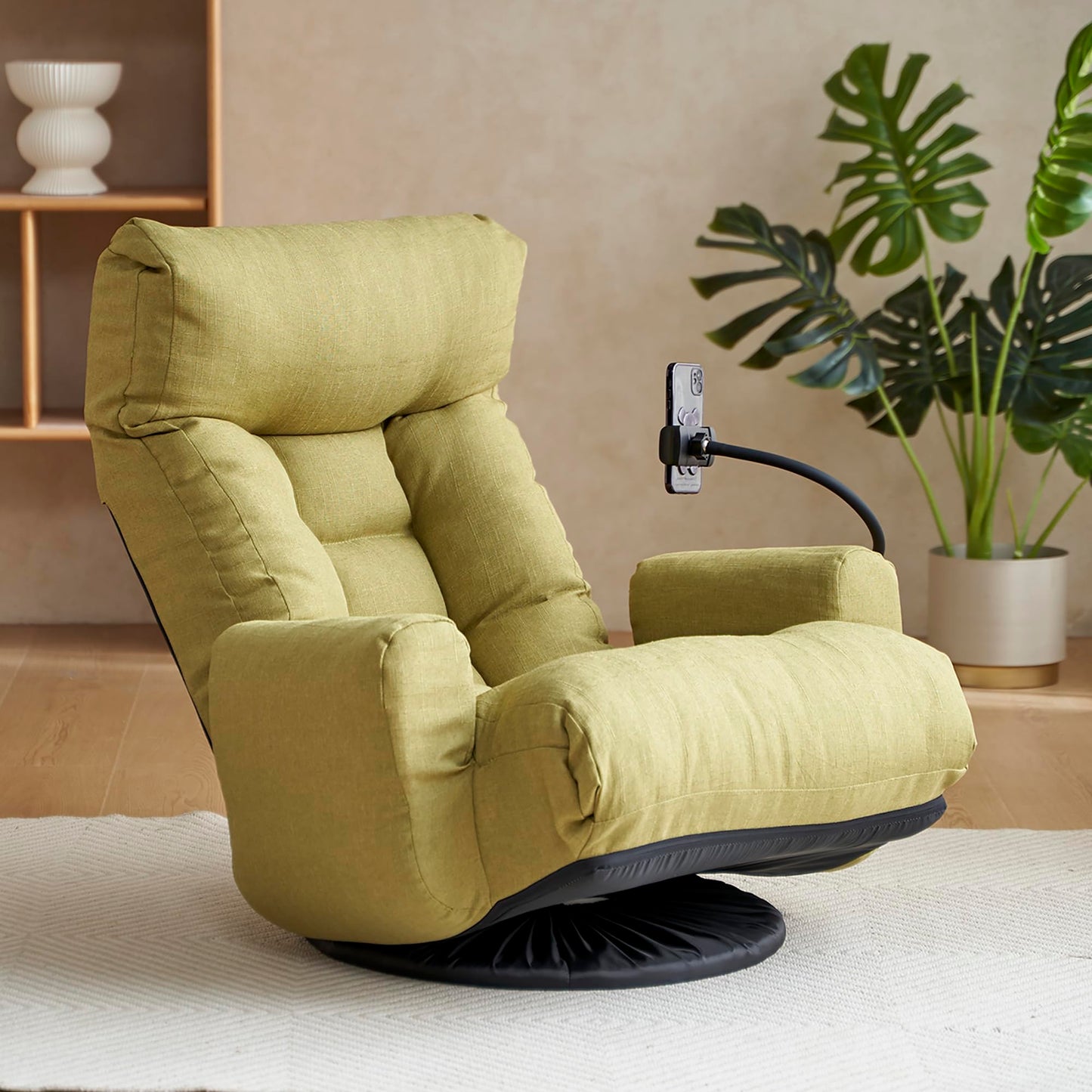 Noble House Home Furnishings Gwen Upholstered 360° Swivel Chair, Lounge Chair with Adjustable Backrest/Headrest, Metal Frame Living Room Lounge Sofa and Phone Holder, Comfy Bean Bag Chair, Green