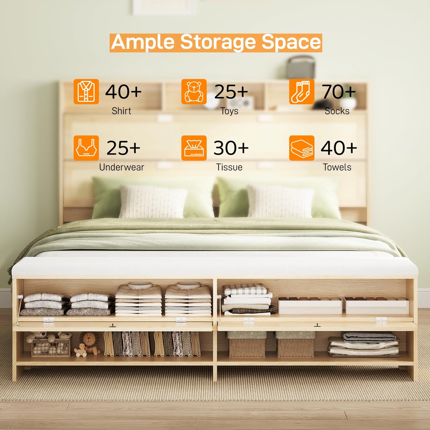 VINGLI Queen Rattan Bed Frame with Storage Headboard and Charging Station,Boho Bed with Shelves and Bench, Modern Wood Platform Bed,No Box Spring Needed, Space Saving Design for Bedroom