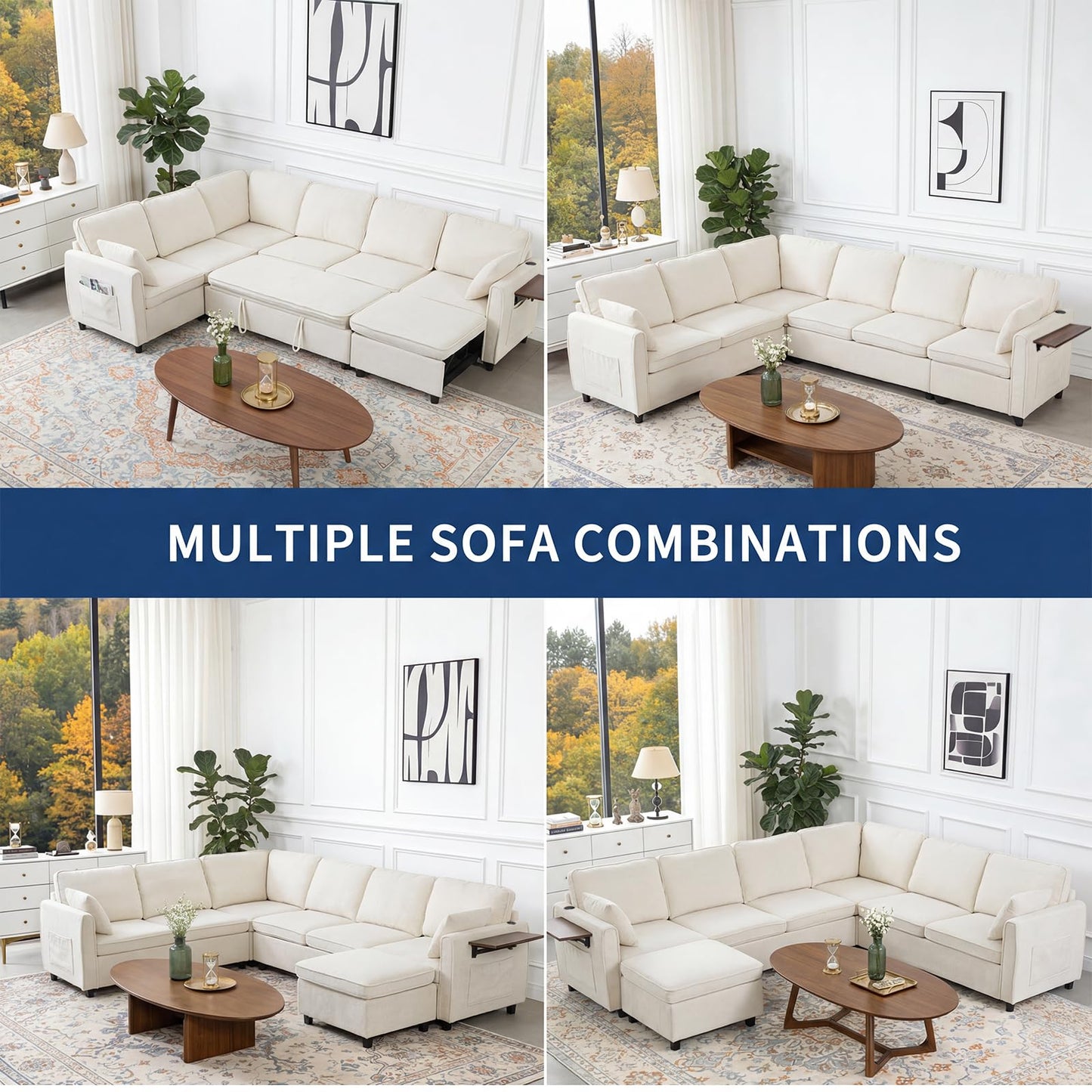 Modular Sectional Couch with Pull Out Sofa Bed, 116" U Shaped Modular Cloud Sofa Set with Ottoman, Charging Port & Foldable Side Table, 7 Seater Comfy Chenille Sleeper Couch for Living Room, Beige