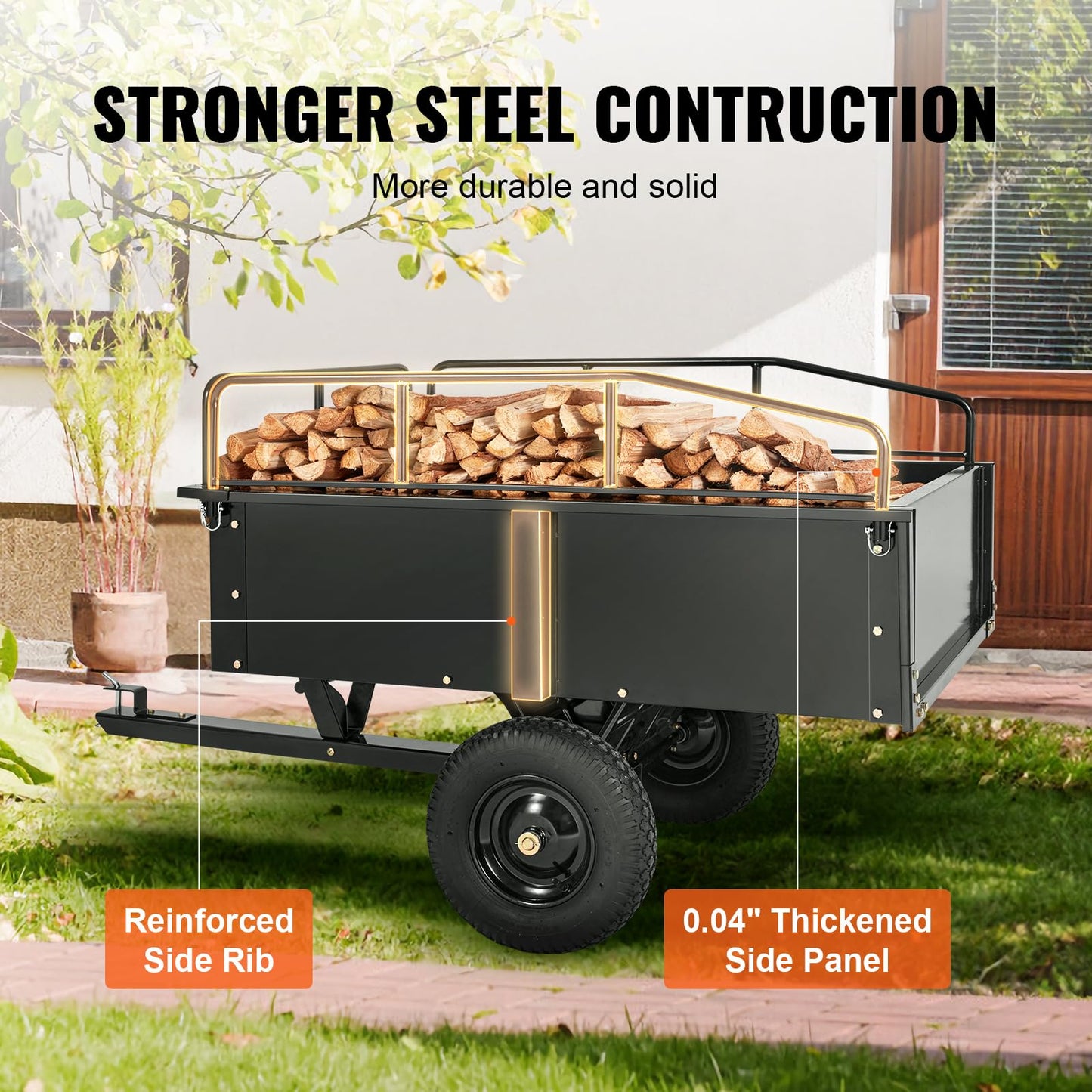 VEVOR Heavy Duty ATV Trailer Steel Dump Cart, 750 lbs 15 Cubic Feet, Garden Utility Trailer Yard Trailers with Removable Sides for Riding Lawn Mower Tractor