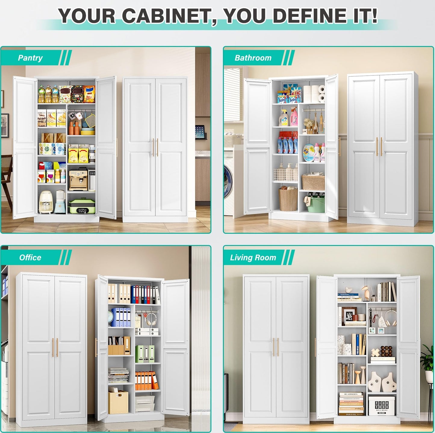 SISESOL 71" Tall Storage Cabinet with 9 Shelves and Hanging Rod,Kitchen Pantry Cabinet with 2 Door,White Metal Storage Cabinets,Large Cupboard for Home,Kitchen,Laundry,Bathroom