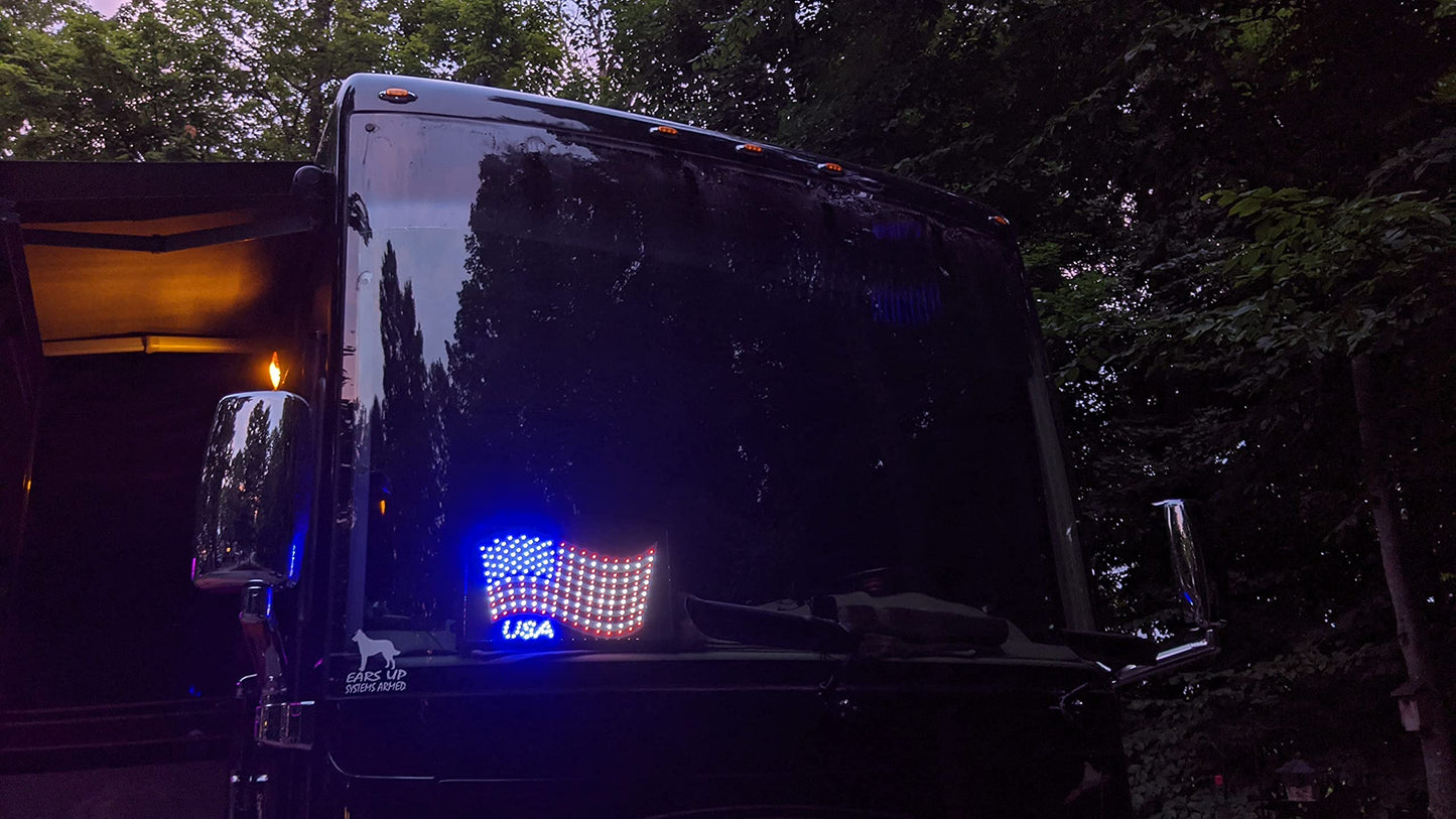 EEZ RV Products LED American Flag Sign, 21.5in x13in , Nylon, 4th of July Decoration, Flashing Light, RV Window Decor