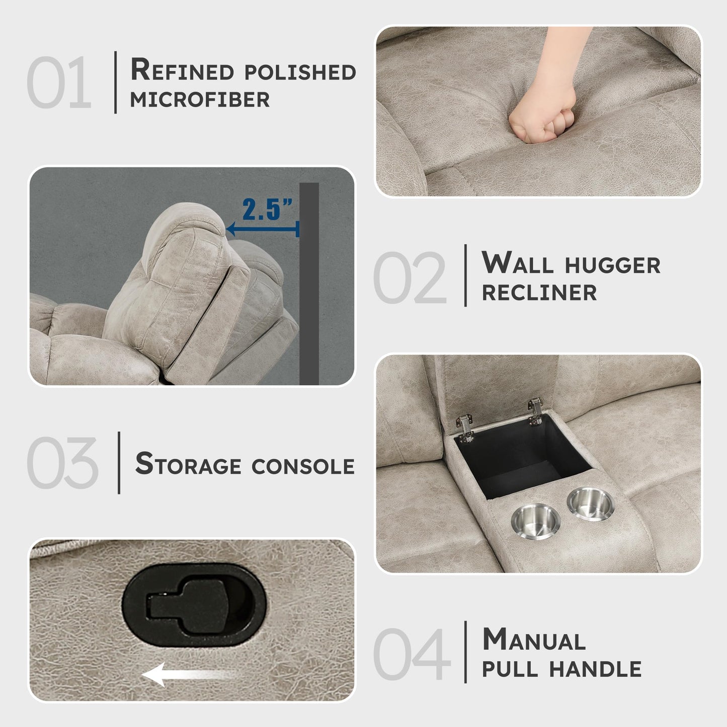Lexicon Manual Double Reclining Loveseat, Polished Microfiber Manual Wall Hugger Loveseat Recliner for Living Room, Center Storage Console/Cup Holders/Pillow Top Arm, Easy Assembly, Pewter