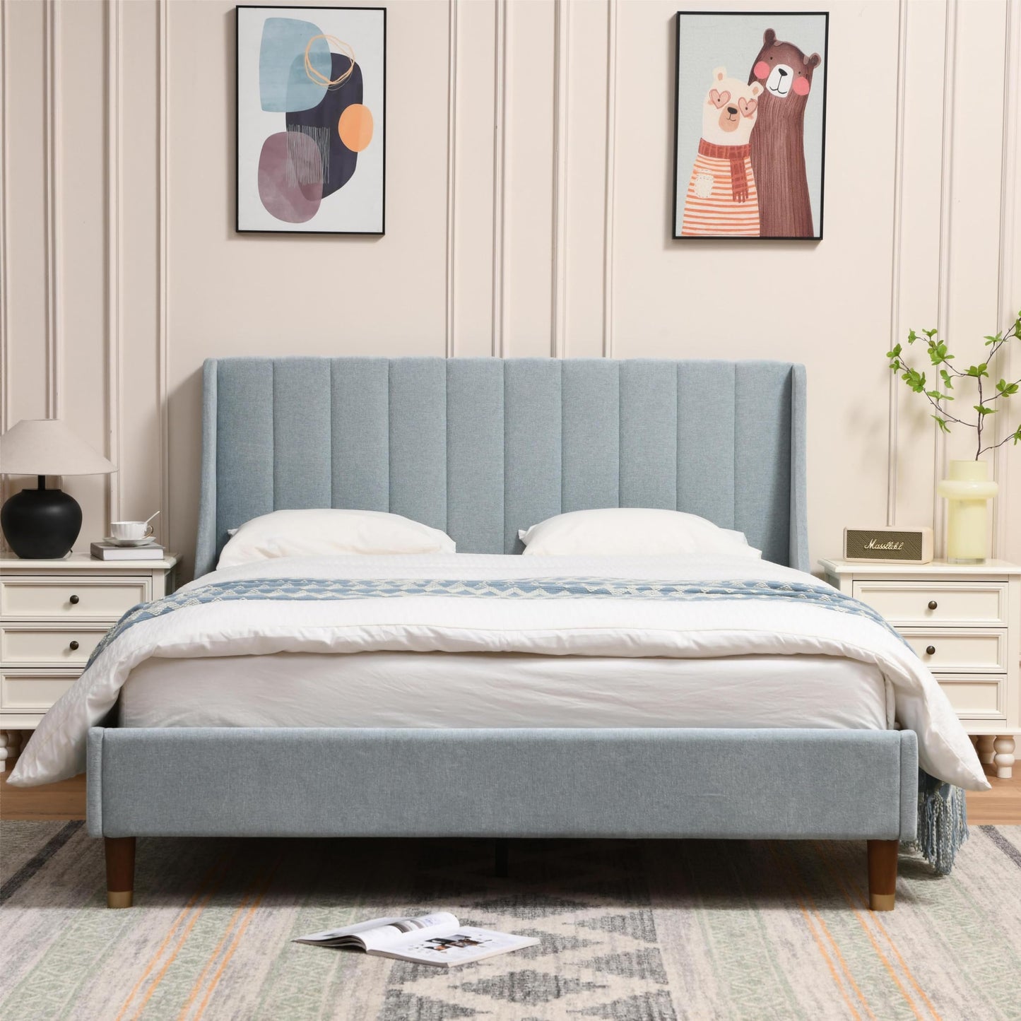 YUHUASHI Queen Size Bed Frame with Linen Fabric Twin Wingback Headboard, Upholstered Platform Bed with Wooden Slat Support, Noiseless, No Box Spring Required (Light Blue, Full)