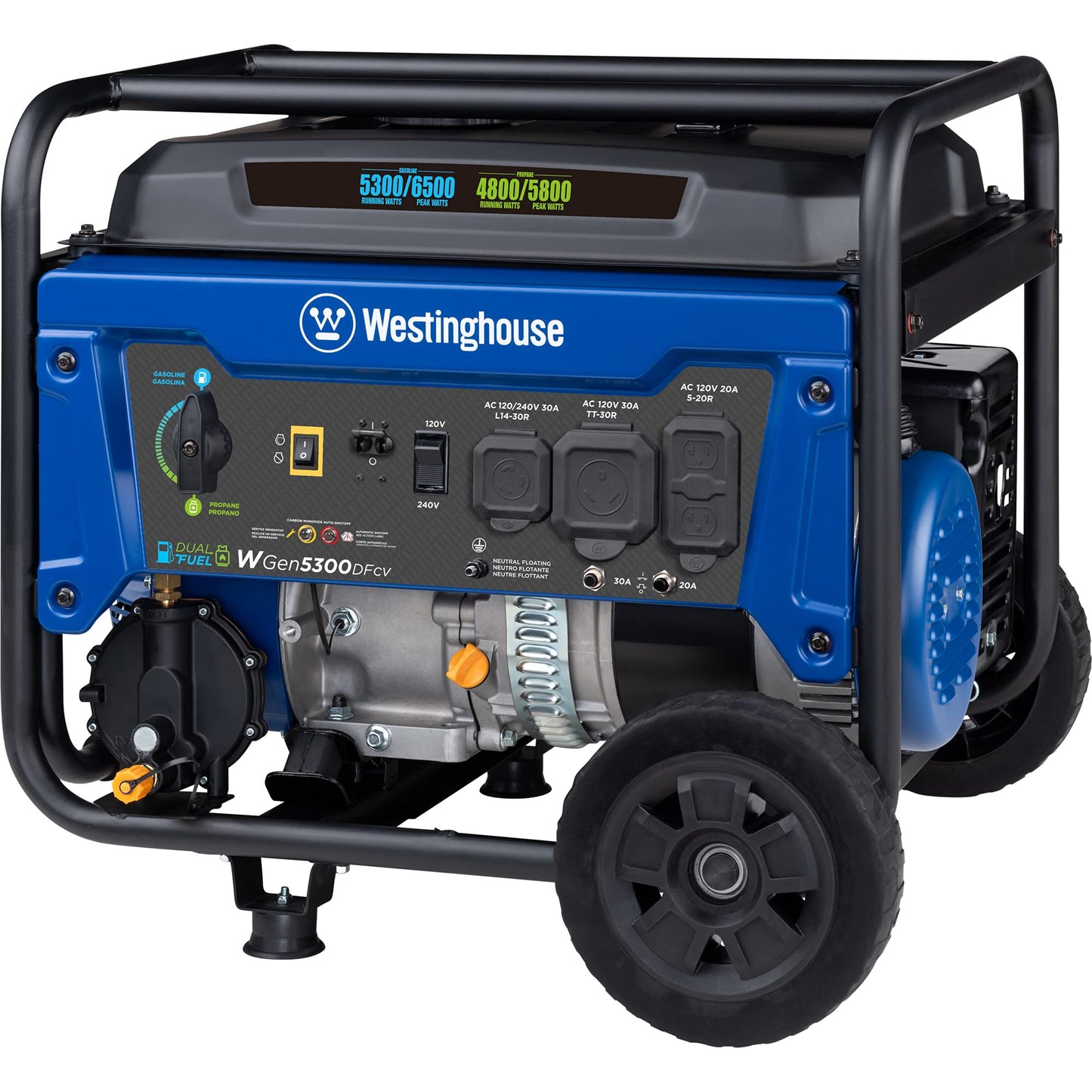 Westinghouse 6500 Watt Dual Fuel Home Backup Portable Generator, Transfer Switch Ready 30A Outlet, RV Ready 30A Outlet, CO Sensor