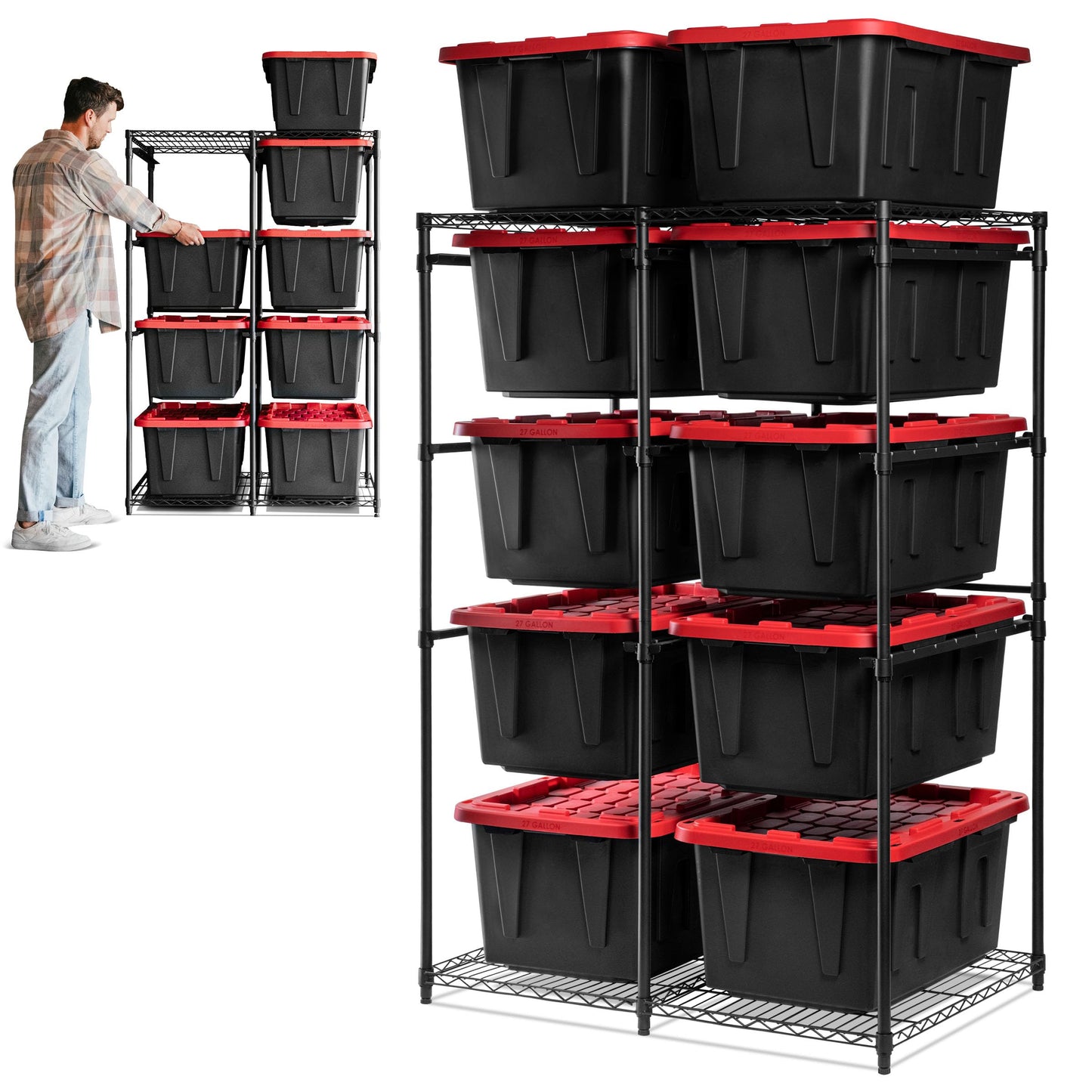 CleverMade Double Tote Tower 10-Bin Organizer Rack for 27 Gallon Storage Totes, Heavy-Duty Garage Storage Shelving Unit, Vertical Bin Rack for Pantry, Laundry Room & Shed, Black