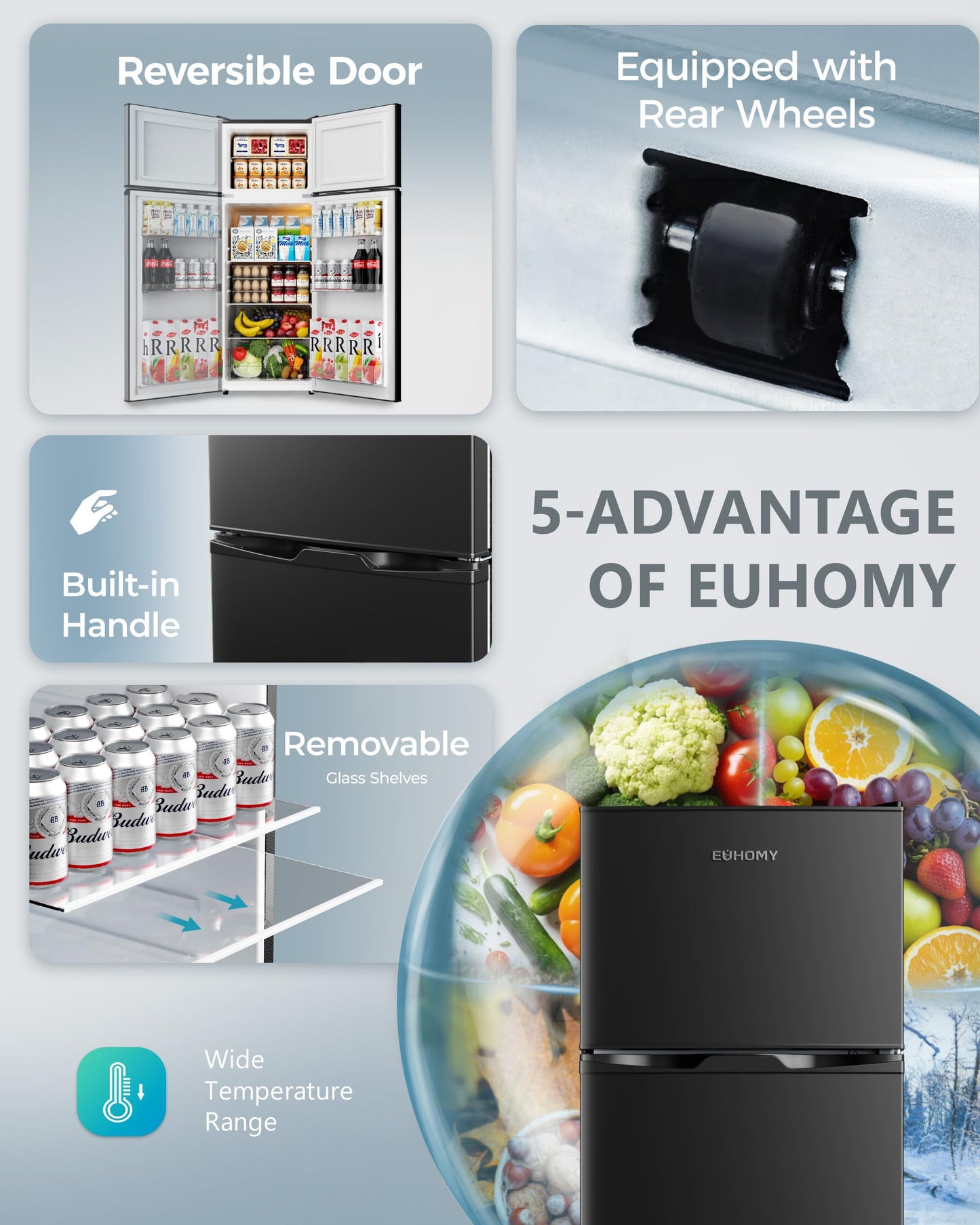 EUHOMY 7.4 Cu.Ft. Refrigerator with Freezer, 2 Door Fridge, Large Capacity, Adjustable Thermostat for Kitchen/Dorm/Apartment/Garage - Food Storage or Cooling Drinks, Black