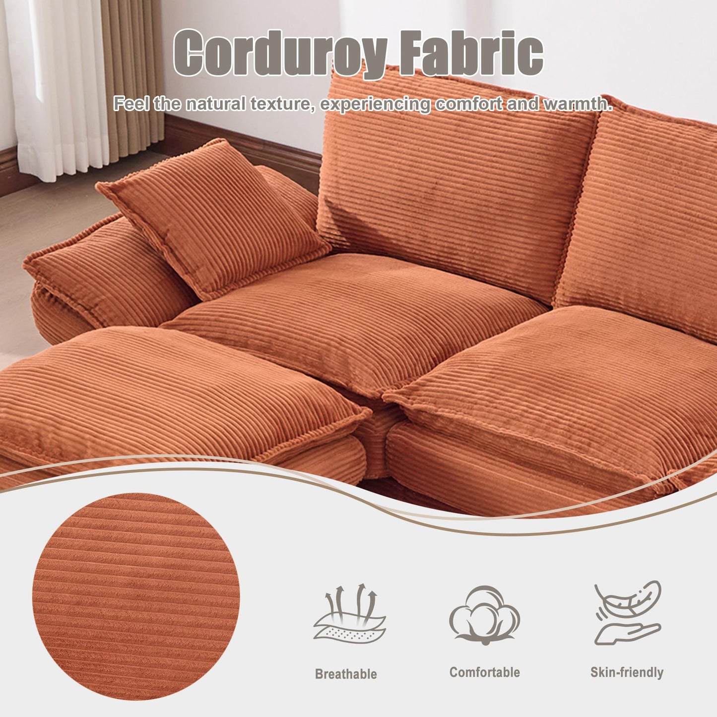 102" Oversized Cloud Modular Sectional Sofa with Movable Ottoman, Free Combination Convertible L Shaped Corner Couch Sets,Comfy Corduroy Upholstered Orange Sofa & Couch for Living Room
