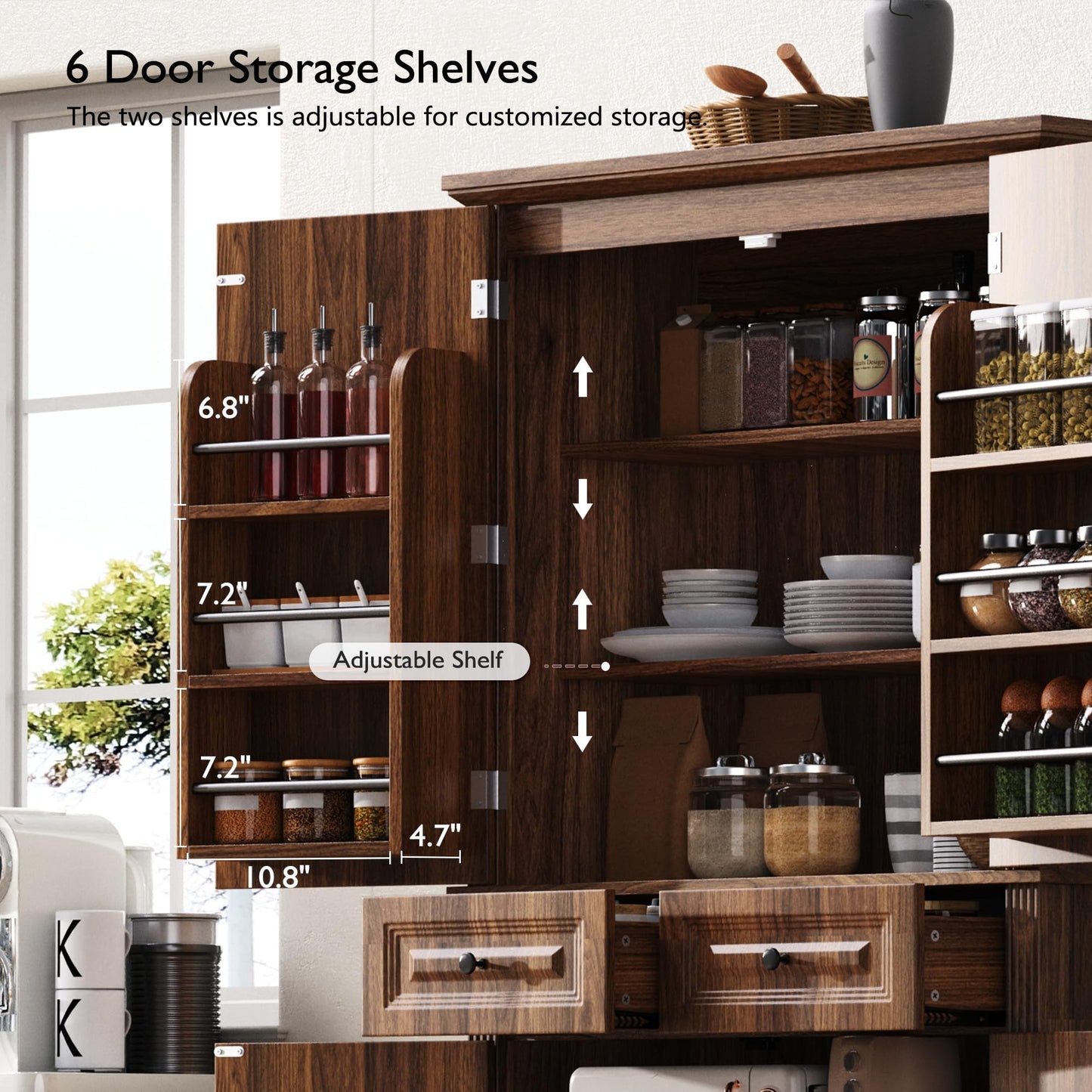 Ball & Cast 71" Farmhouse Kitchen Pantry Cabinet with 3 Pull-Out Organizers, Tall Storage Cabinet with 4 Doors, 2 Drawers, 6 Door Shelves & Adjustable Shelves, Freestanding Cupboard, Rustic Brown