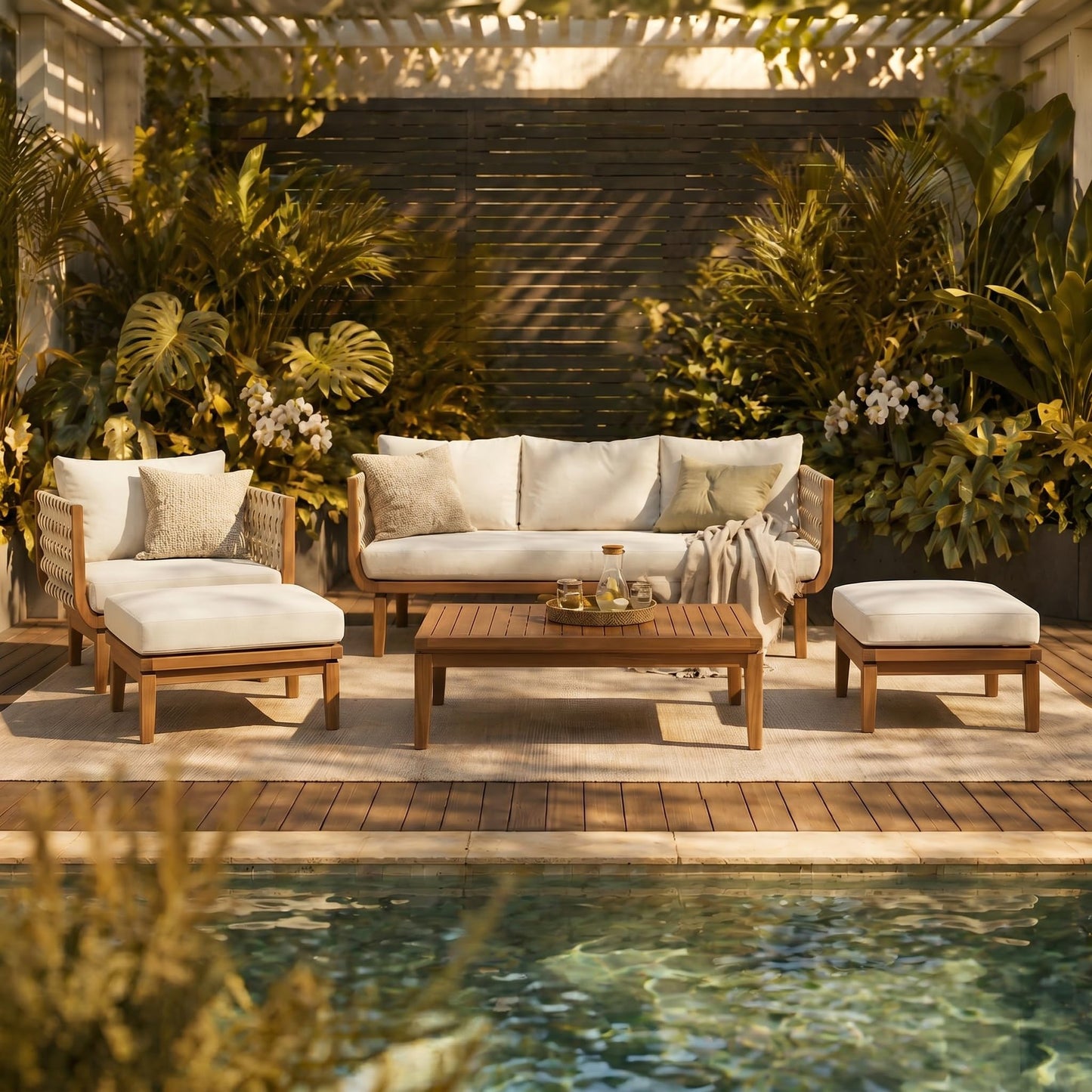 Merax 5 Piece Rope Woven Paito Conversation Set, Outdoor All-Weather Acacia Wood 3-Seater Sofa, 2 Armchairs with Cushions,1 Ottoman, 1 Coffee Table for Porch, Lawn, Backyard, Balcon, Teak+ Beige