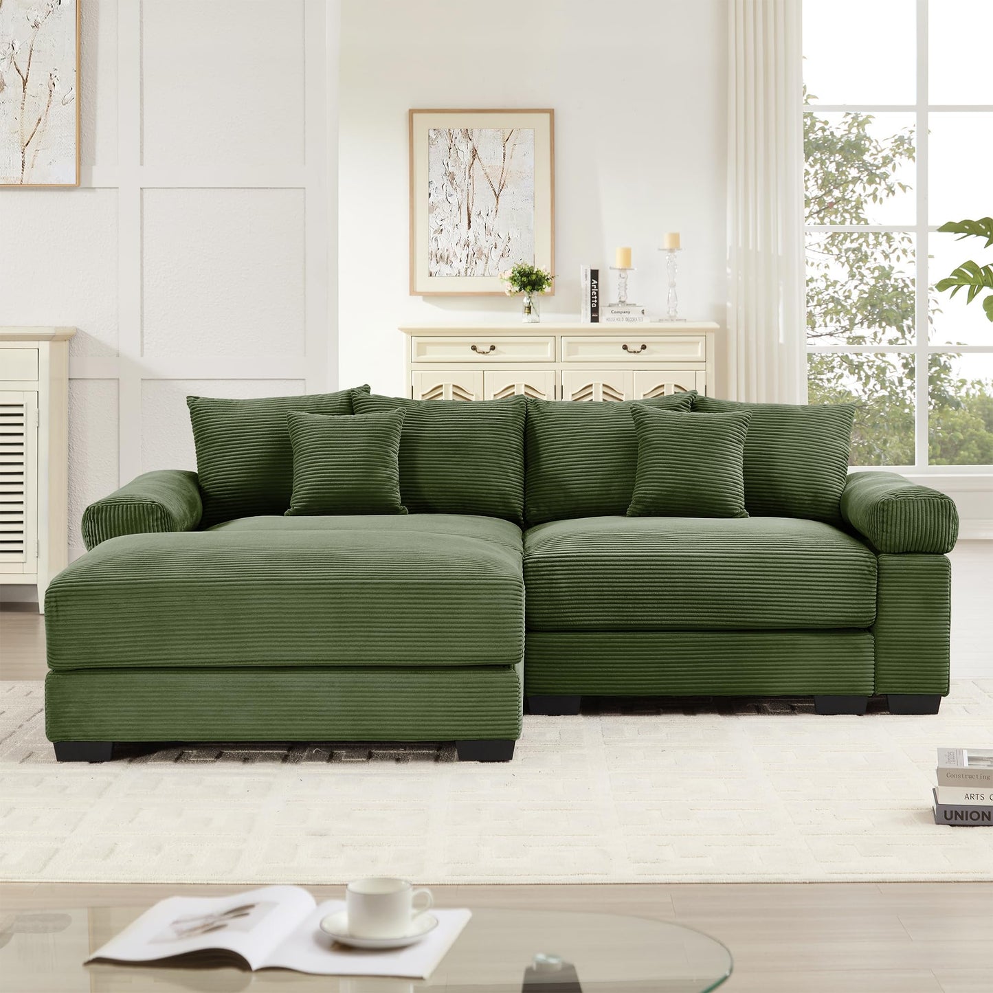 KEIKI 83" L-Shaped Oversized Corduroy Modular Sectional Loveseat Sofa with 1 Ottoman, High-Density Foam Cushion, Extra-Thick Armrest, 2-Seater Fluffy Corner Couch with 6 Pillow, for Living Room, Green