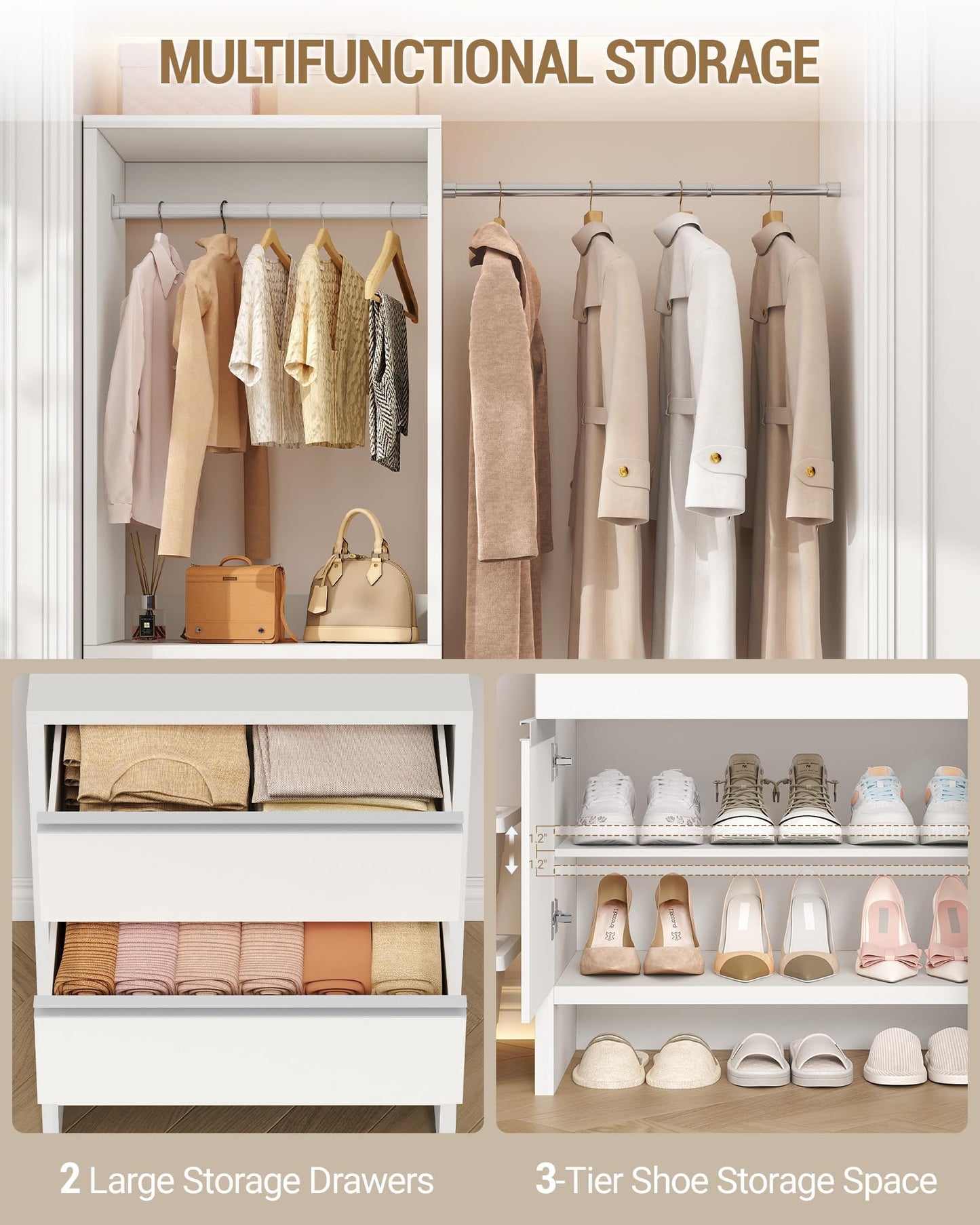 Hzuaneri Closet System with 2 Drawers, Walk-in Closet Organizer System Wooden Storage Systems with 4 Hang Rods & Shoe Cabinet, Fits Spaces 4-9.8FT, Wardrobe Clothes Rack Garment Rack, White MC00103E