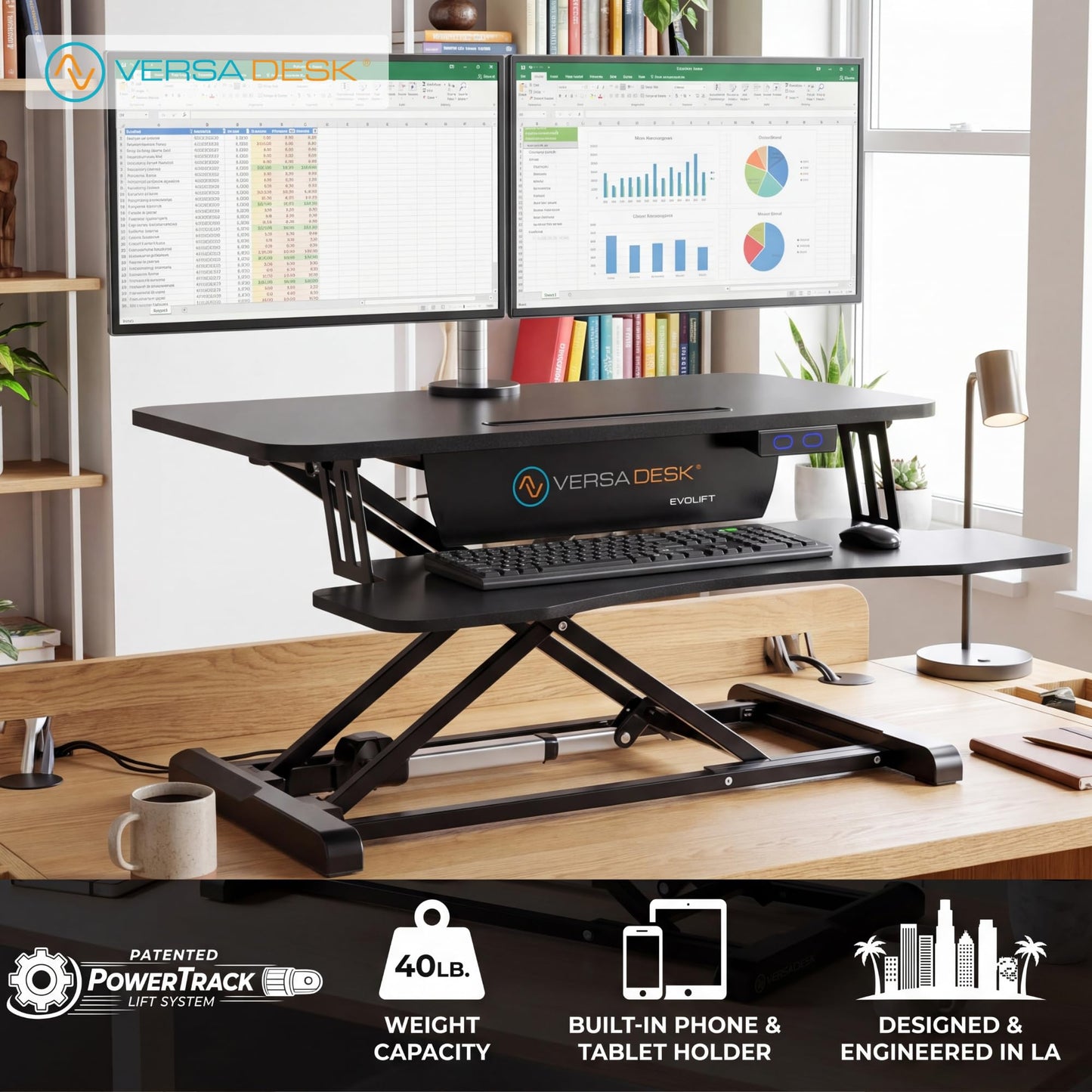 VERSADESK EvoLift 32" Electric Standing Desk Converter, Sit to Stand Motorized Desk Riser, 1-Button Easy Lift, Dual Monitor Workstation, Wide Keyboard Tray, Built-in Device Stand, Black