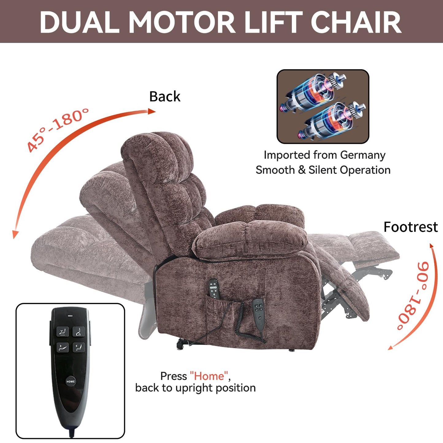 RHHVVR Oversized Power Lift Recliner Chair for Elderly, Dual Motor Lay Flat Recliner Big Chair with Massage and Heating, Chenille Electric Recliner Chairs for Living Room, Medium-Firm, Brown