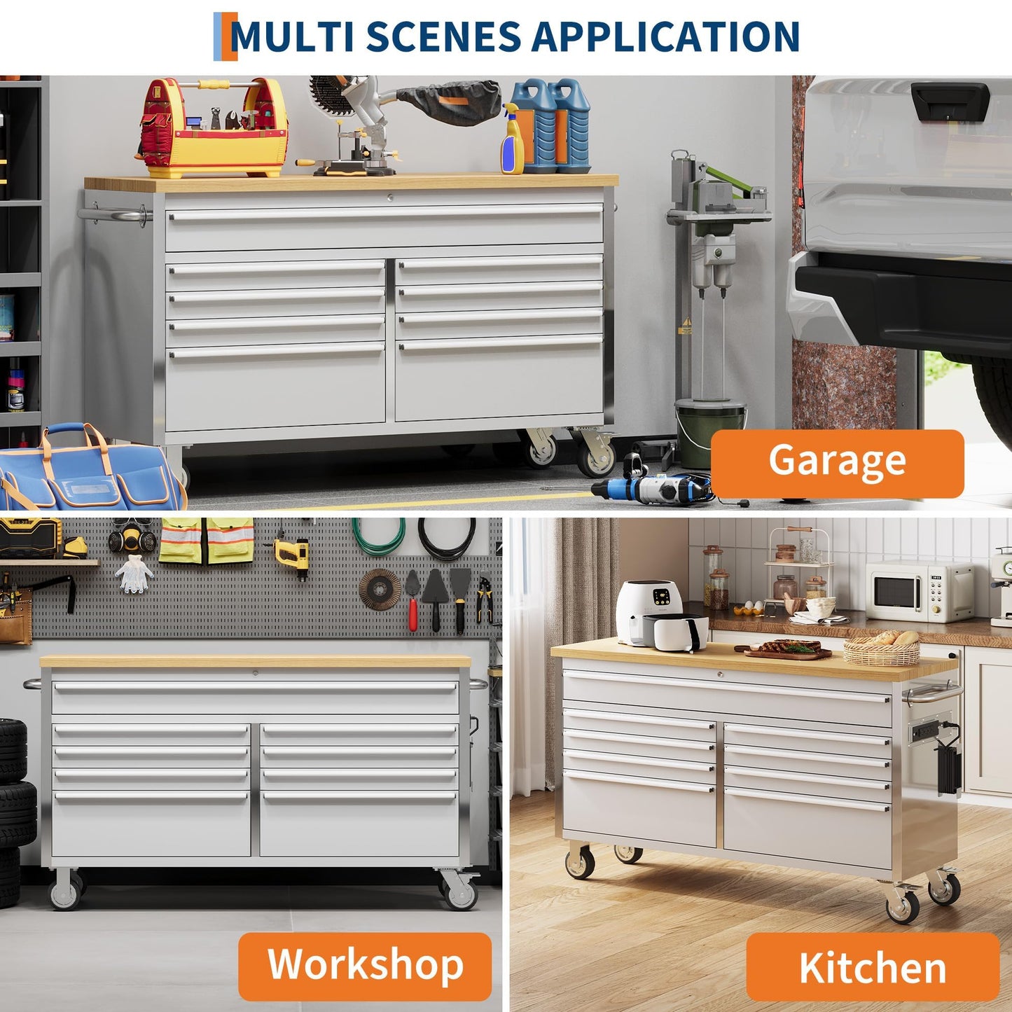 Heavy Duty 61" Tool Chest Cabinet, Mobile Garage Workbench with 9 Drawers and Power Strip, Rubber Wood Worktop, 1675 LBS Load, Rolling Tool Storage Organizer for Mechanic, Shop or Home Use