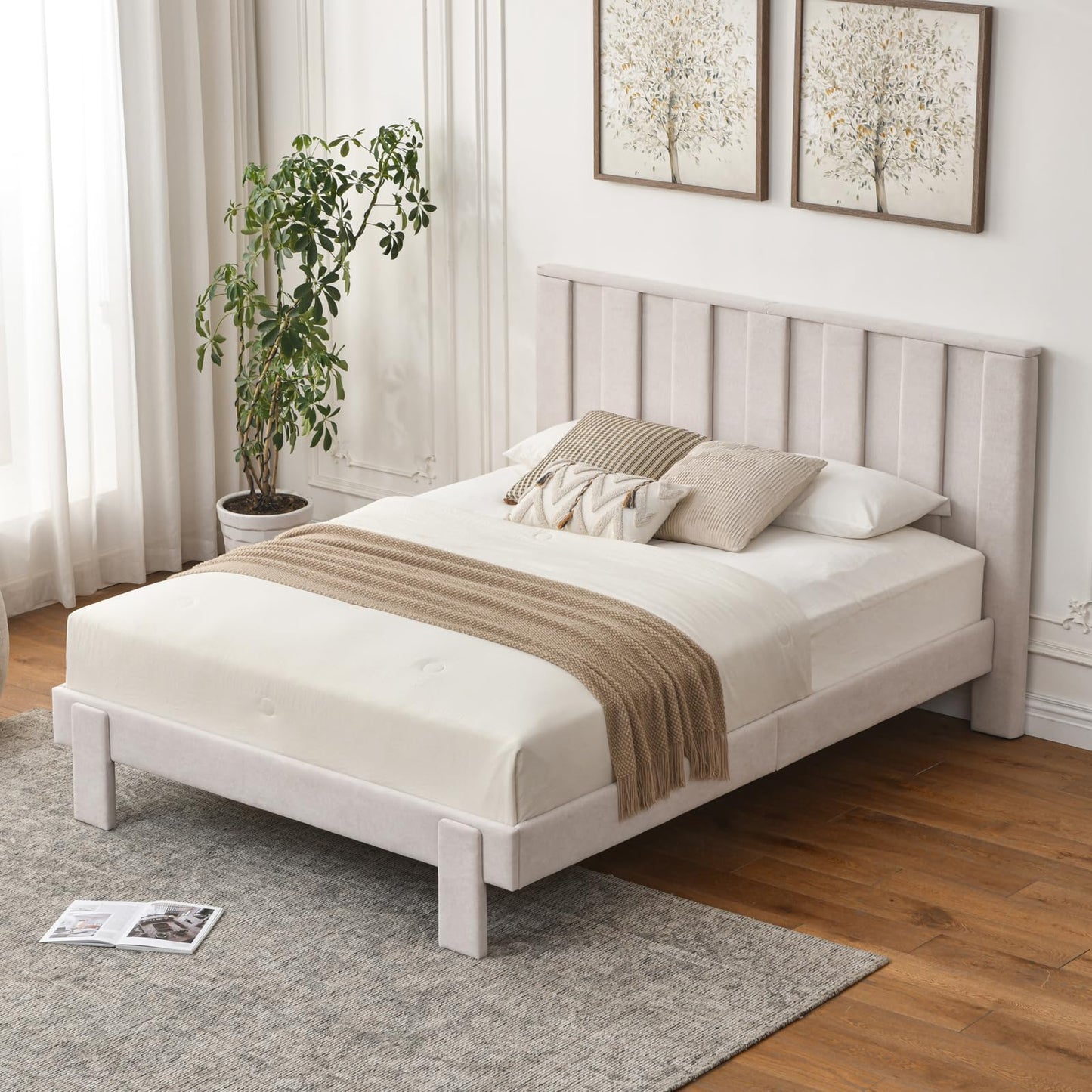 PINJU Sturdy Upholstered Platform Bed Frame with Vertical Channel Tufted Headboard, No Box Spring Needed, Easy Assembly, Noise-Free Bed Frame for Bedroom (Cream, Full)