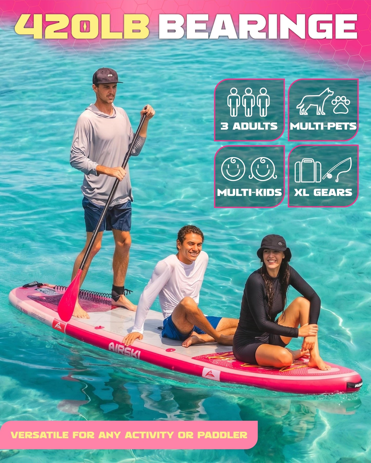 Airski 11'x34'' Extra Wide Inflatable Paddle Board, Stand-up Paddleboard for Adults, 420lb Capacity, Anti-Slip EVA, Stand-up Paddle Board for Yoga/Fishing/Family, US Fin, High-Pressure Pump, 100L Bag