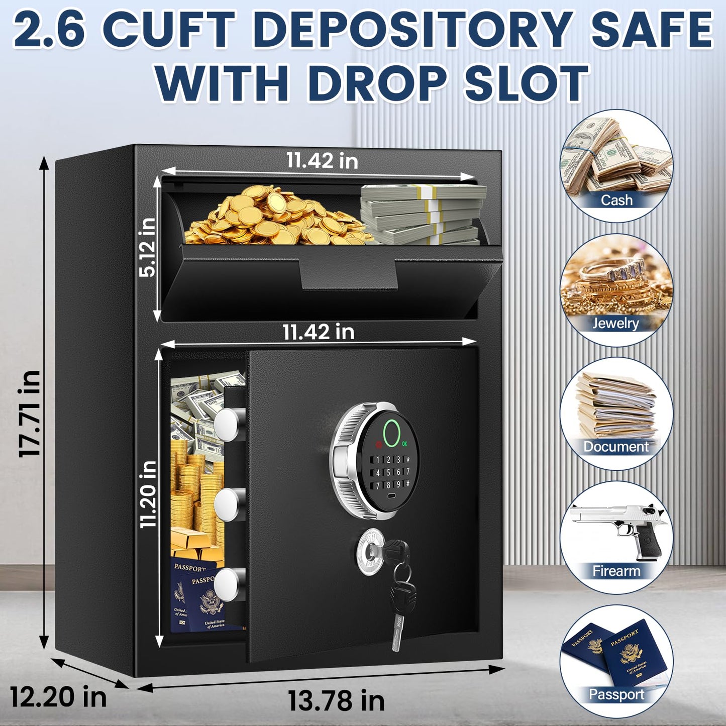 2.6 Cuft Biometric Drop Safe for Business, Anti-Theft Fingerprint Safe Box with Quick Place Drop Slot, Digital Keypad and Spare Key, Depository Safe for Home Office Retail Store Business Mail Church