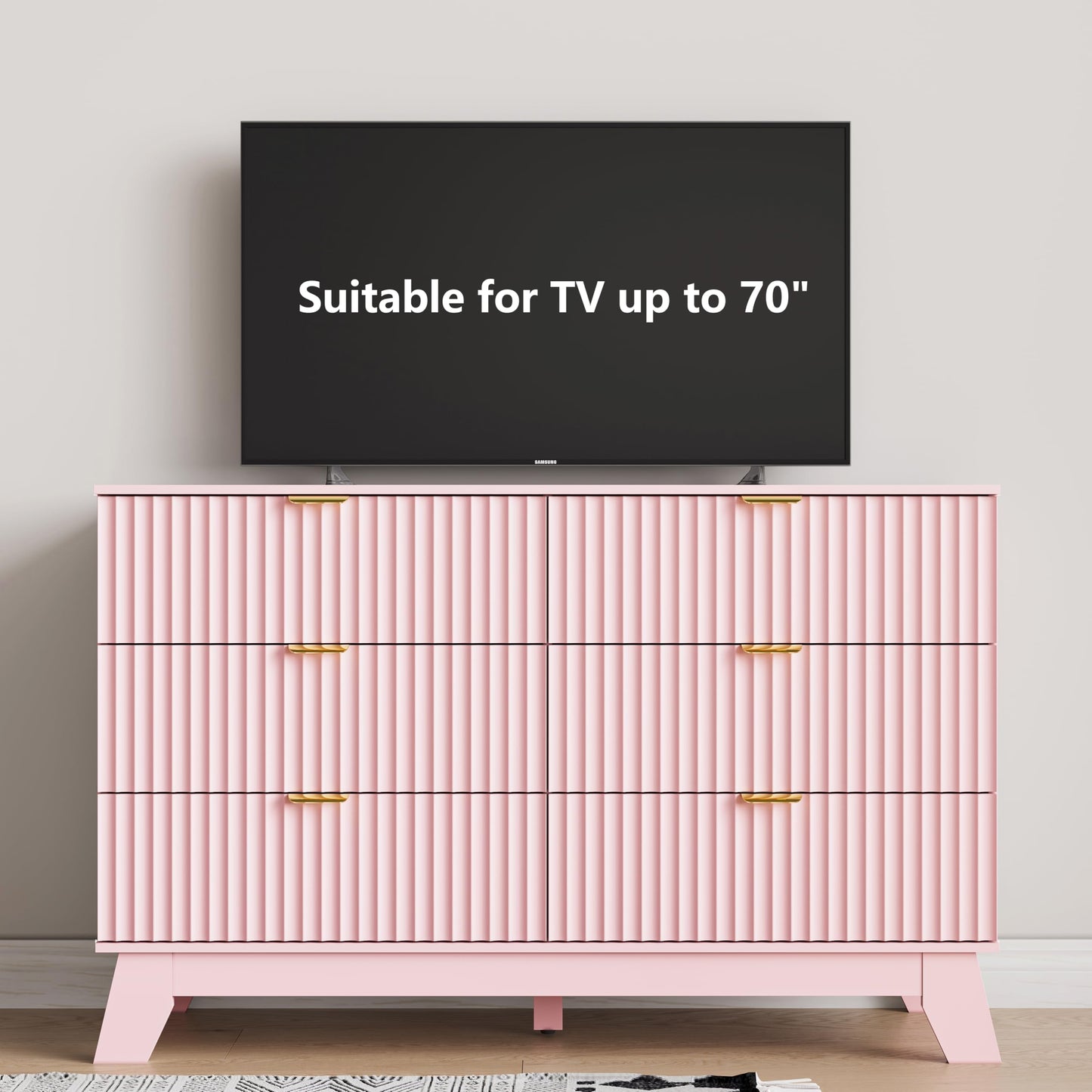 6 Drawer Dresser for Bedroom, Fluted Dressers Chest of Drawers with Gold Handle, Mid Century Modern Dresser for Closet, Wood Closet Storage Organizer Furniture for Bedroom, Living Room, Hallway, Pink