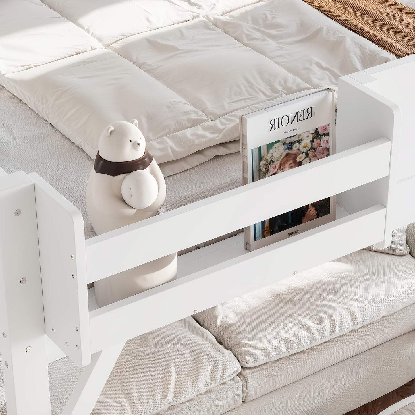 KEIKI Solid Wood Queen Size Loft Bed Frame with Stairs, Built-in Wardrobe and Storage Space, Queen Loft Bed with Shelves, Queen-Length Guardrails, No Box Spring Needed for Bedroom, Light White