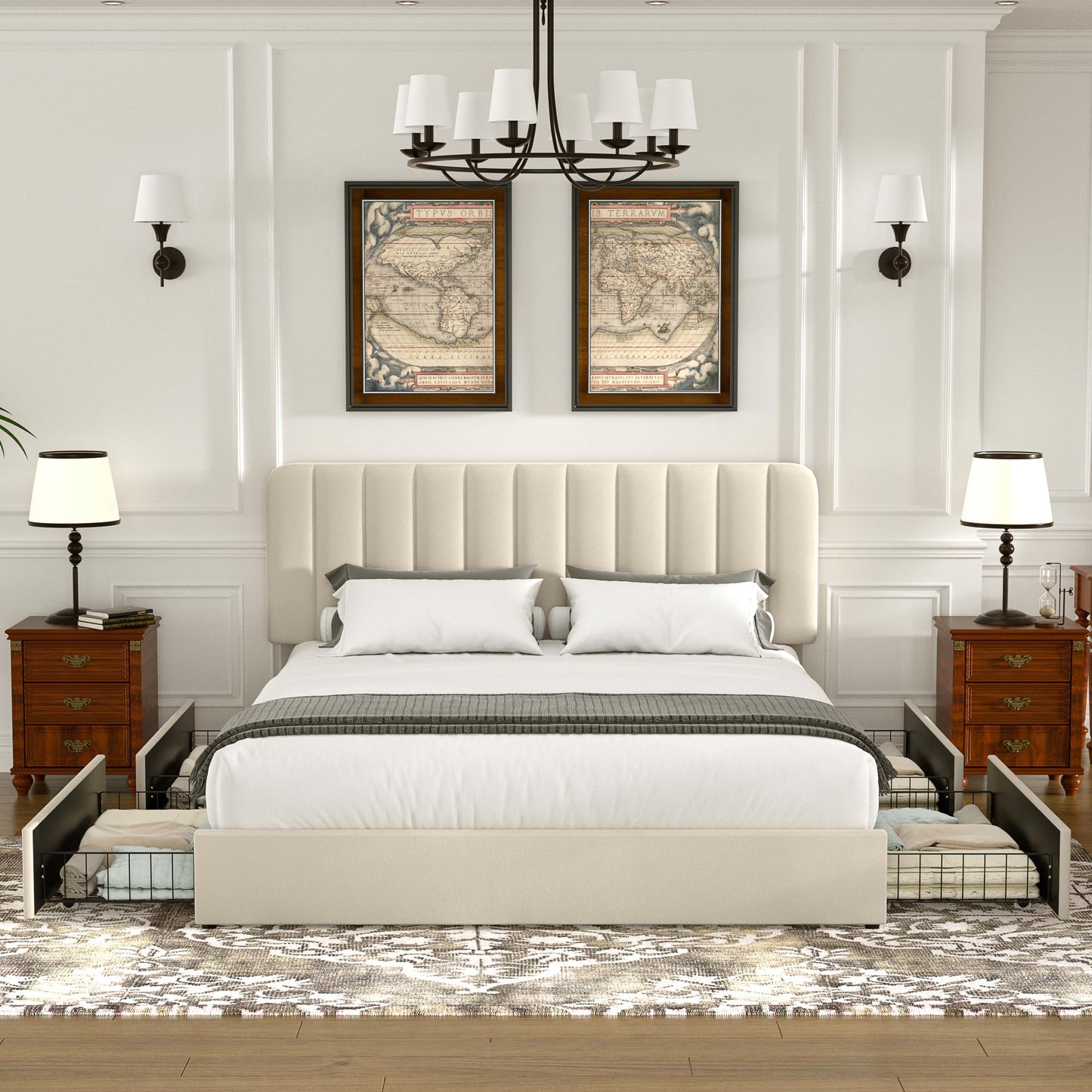 VECELO Full Size Upholstered Bed Frame with 4 Drawers and Headboard, Velvet Platform Storage Bedframe, Wooden Slats Support, No Box Spring Needed,Beige