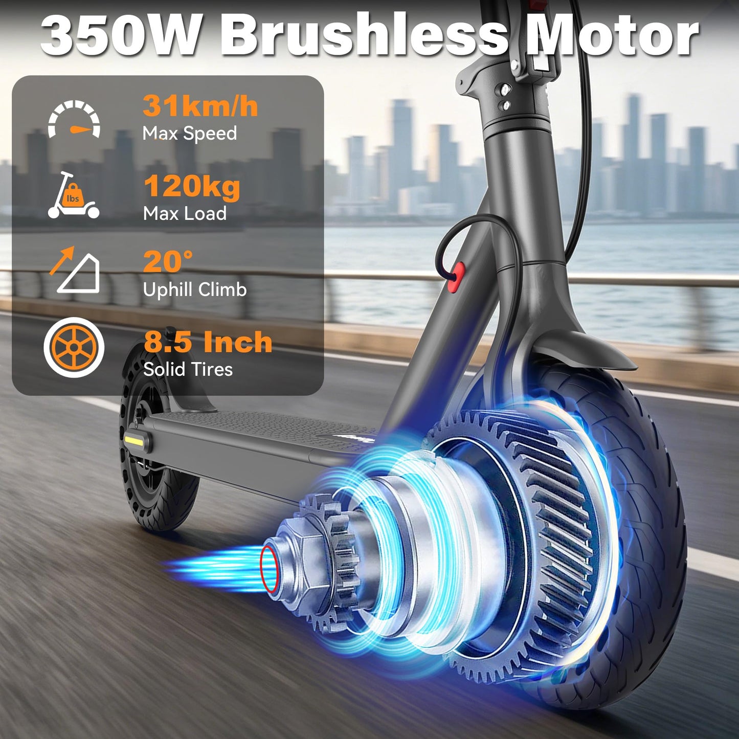 Qlaway Electric Scooter with Seat for Adults, 8.5'' Solid Tires, 19MPH,350W Powerful Motor,22 Miles Range,Foldable & Portable Commuter Escooter with Dual Braking and Lighting System,APP Control - Gray