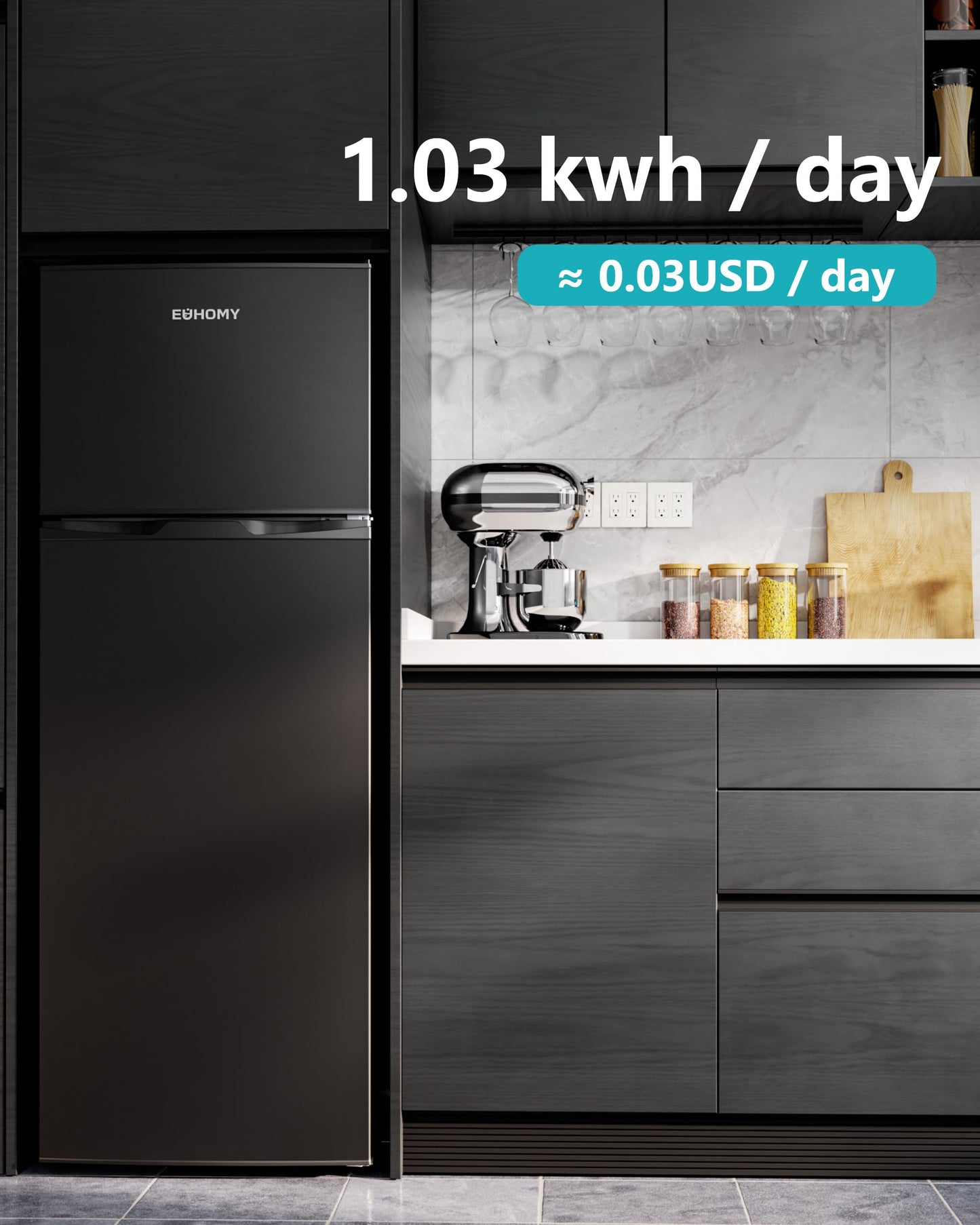 EUHOMY 7.4 Cu.Ft. Refrigerator with Freezer, 2 Door Fridge, Adjustable Thermostat，Large Capacity, Refrigerator for Kitchen/Dorm/Office/Apartment - Food Storage or Cooling drinks, Black