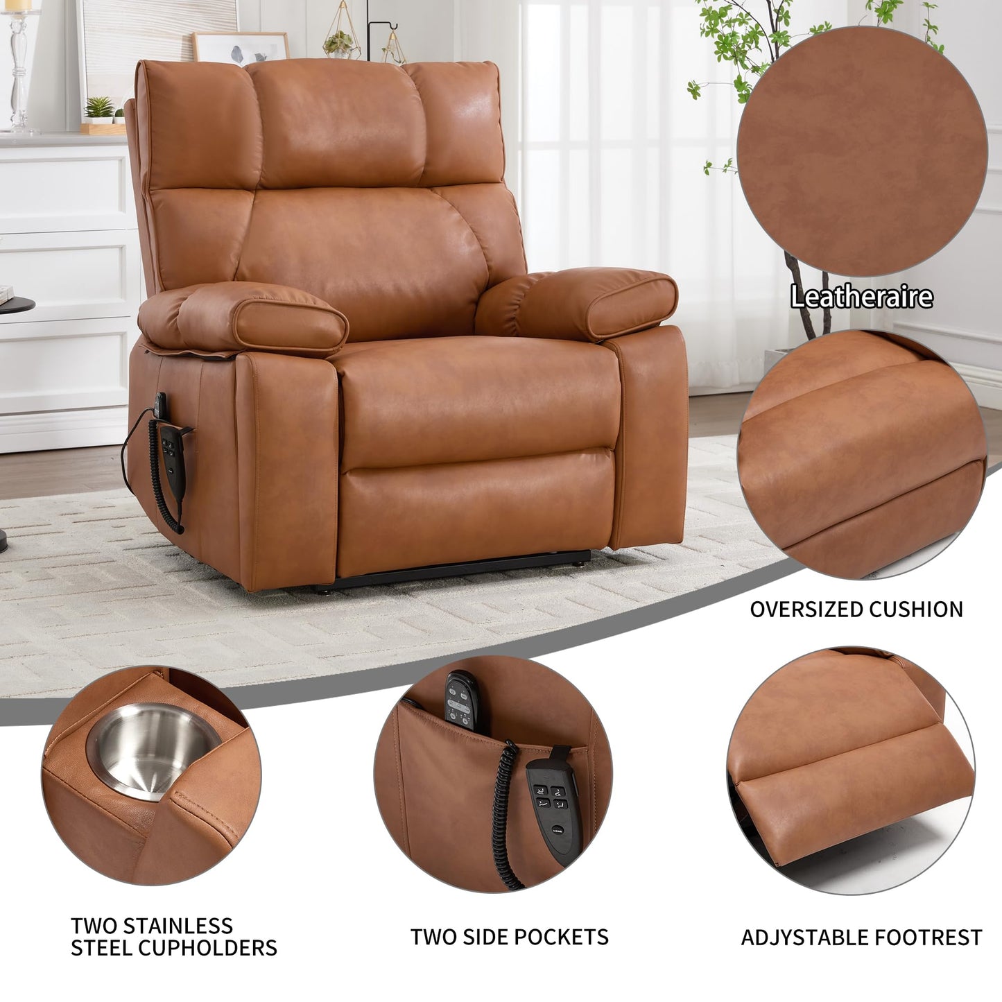 KEIKI Leatheraire Oversized Electric Power Lift Recliner Chair with Heat & Massage, Dual Motor, Infinite Positions, Hidden Cup Holders, Medium-Firm, Heavy Duty Up to 350 lbs, Orange
