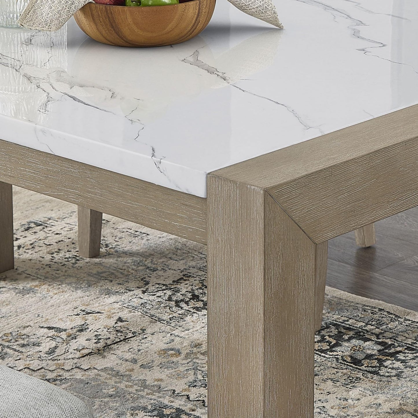 GDFStudio 66" 7-Piece Rectangular Dining Set, White Faux Marble Table with Light Oak Legs, 6 Gray Fabric Upholstered Barrel Chairs, Modern Contemporary Dining Furniture for 6