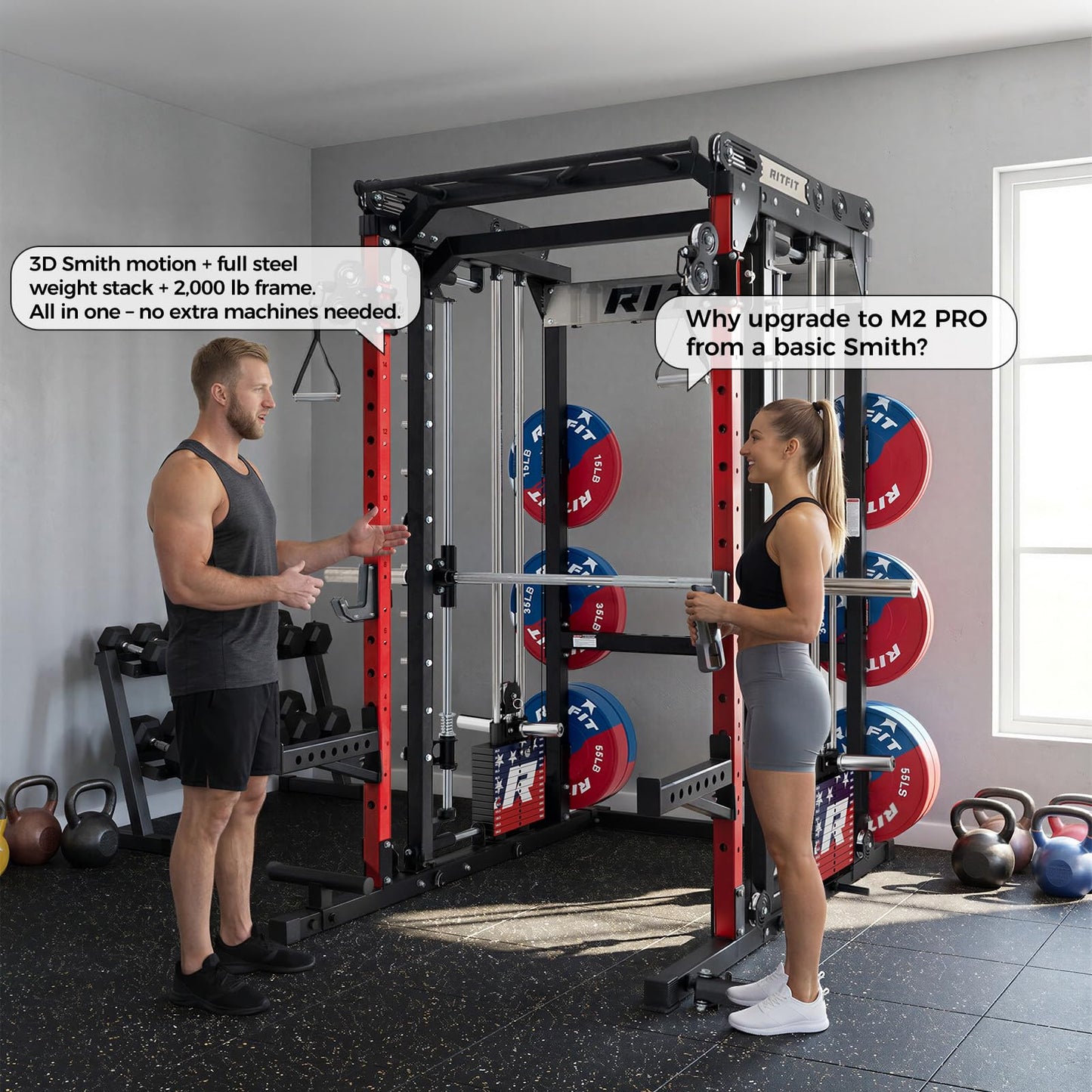 RitFit M2 Smith Machine with Cable Crossover System, 3D Functional Trainer & Power Cage, 16 Adjustment Holes, 6 Storage Pegs for Full-Body Home Gym(M2 PRO-3D Red with BP230)