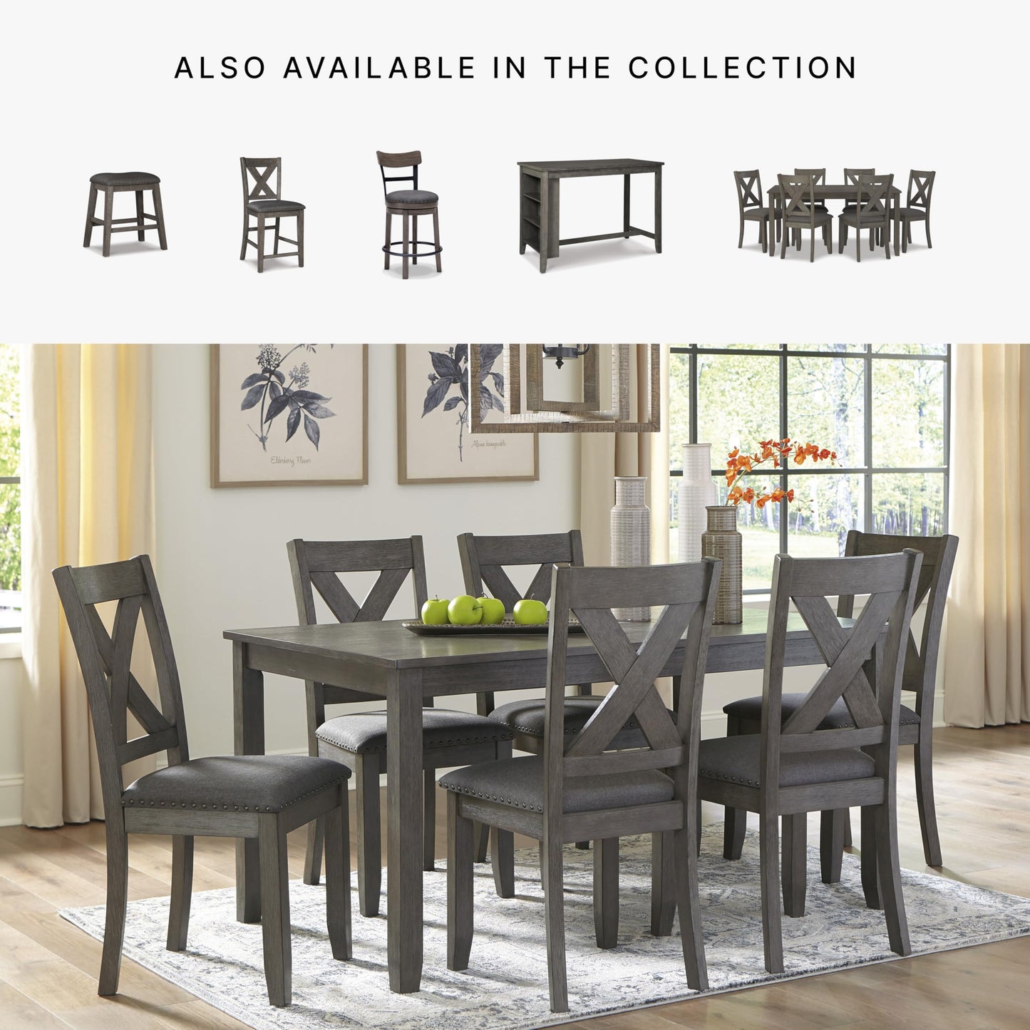 Signature Design by Ashley Caitbrook Rustic 7-Piece Dining Set – Rectangular Table with 6 X-Back Upholstered Chairs, Gray