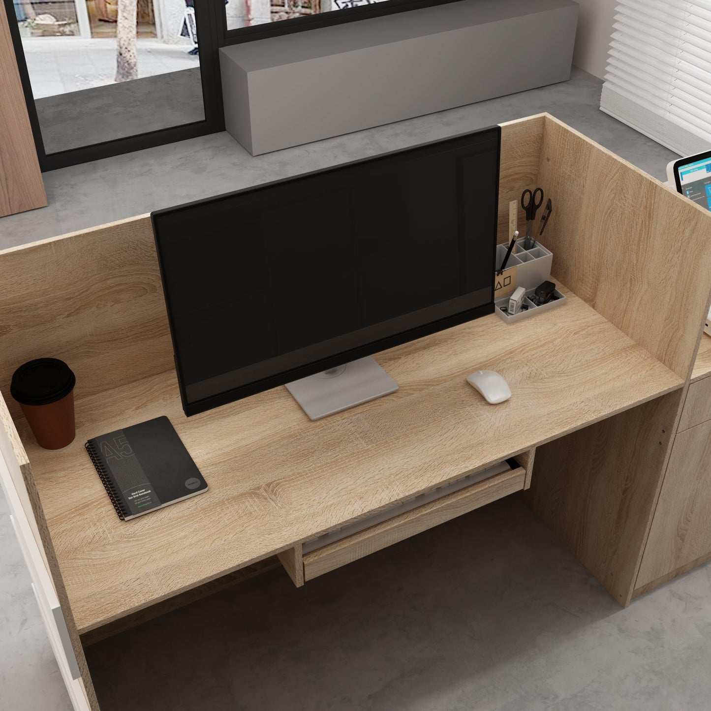 AIEGLE Checkout Counter, Modern Reception Desk with Drawer & 2-Door Storage Cabinet, 87.2" W Office Reception Desk with Open Front Cubby for Salon, Lobby, Shop, White & Oak