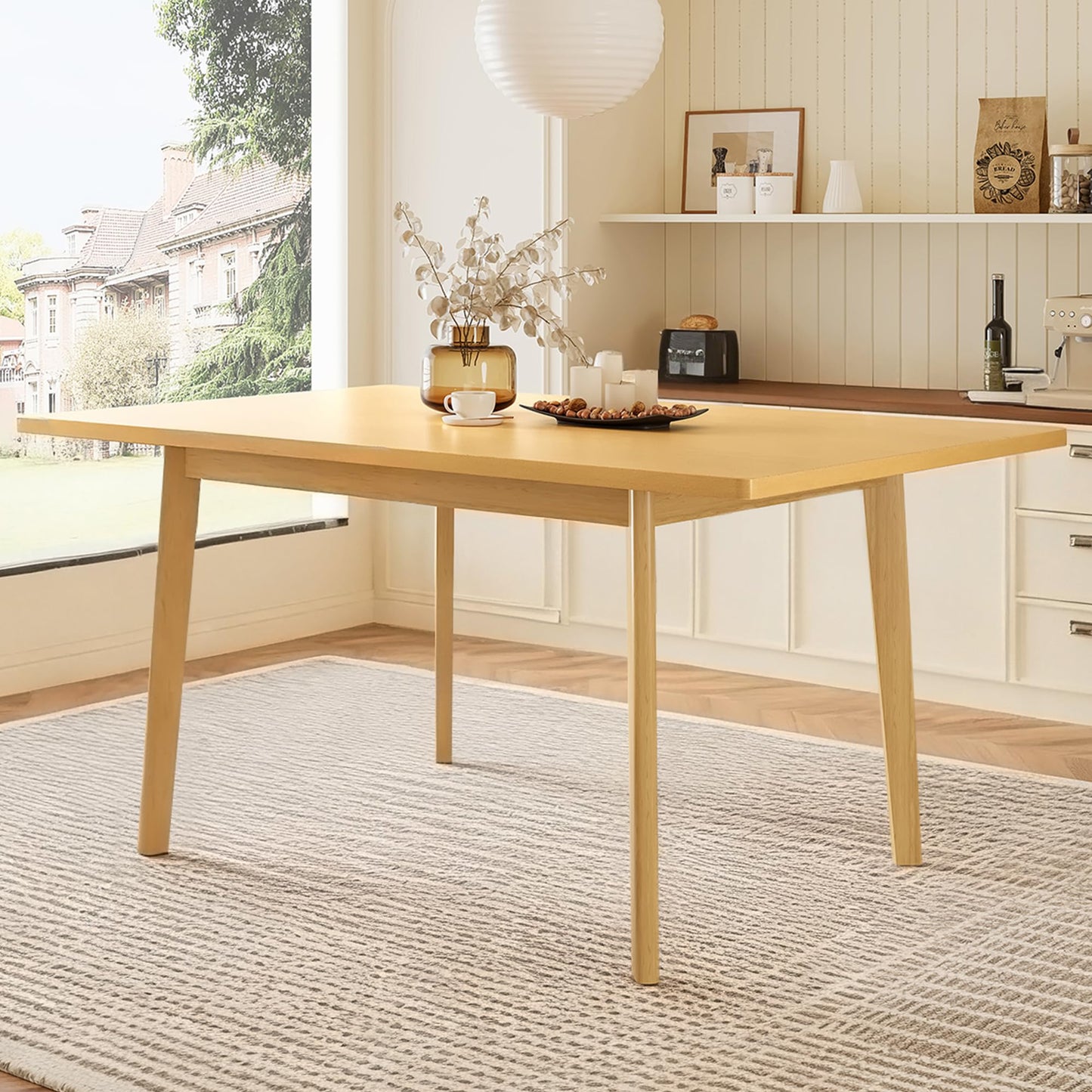 Merax 60" Rustic Farmhouse Dining Table, Minimalist Modern Solid Wood Frame Dining Table for Kitchen, Living Room, Natural