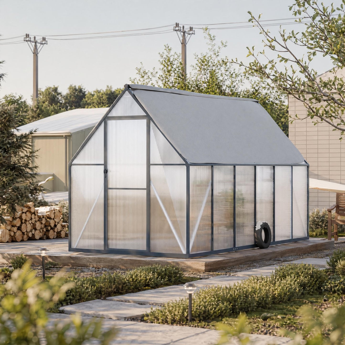 CABIHOME 8x12 FT Outdoor Greenhouse, Polycarbonate Greenhouse with Roof Vent and Ground Nails, Aluminum Large Walk-in Green House w/ Lockable Push Door for Outdoor Garden (Black, 6x11 FT)
