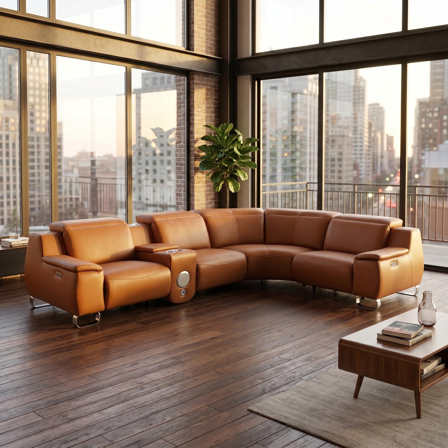 Trygoal Power Reclining Sectional Sofa Set, Modern L-Shaped Couch with USB Charging, 4 Seat Power Reclining Sofa, Reclining Sectional Couches for Living Room, Home, Office, Leather, Orange Yellow