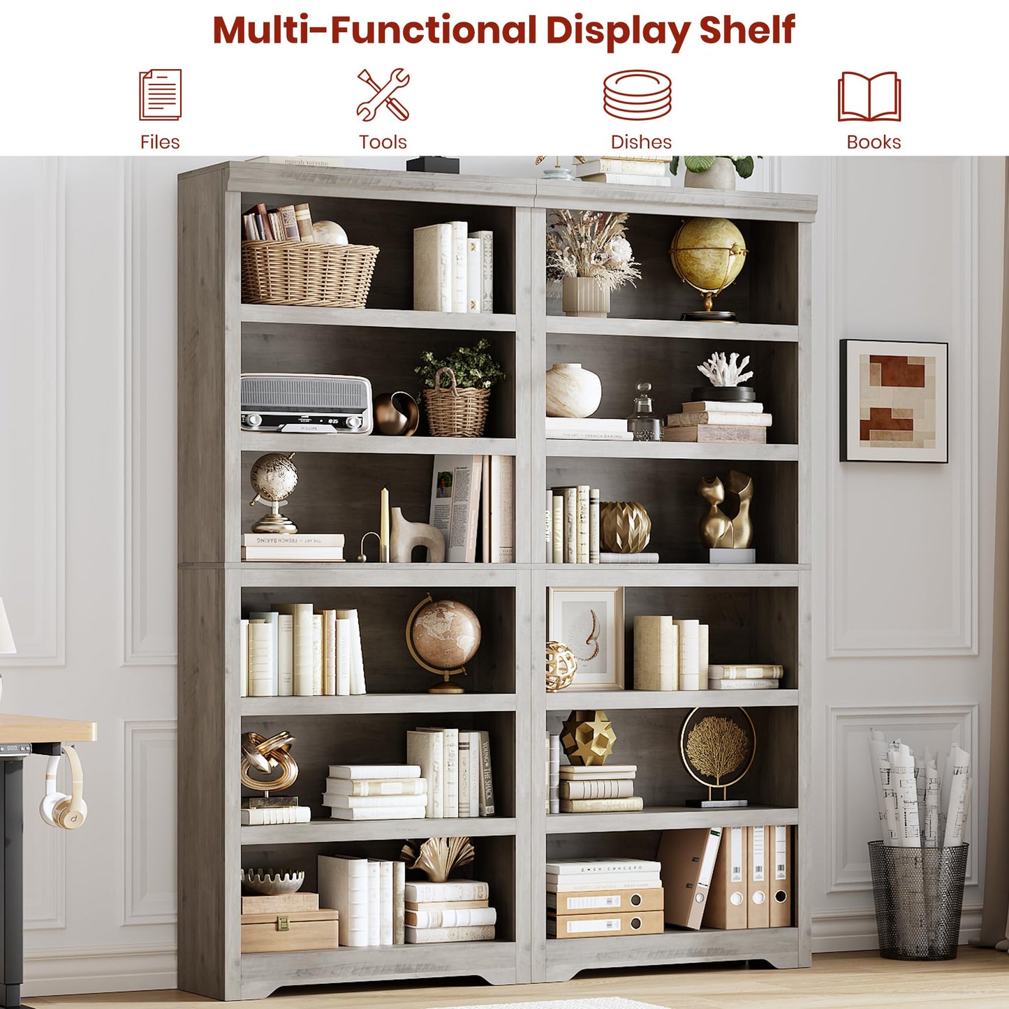 75" Tall Farmhouse Bookshelf, 6 Tiers Open Bookcase with Adjustable Shelves, Anti-Tip Floor Standing Storage Organizer, 31.5"W Wooden Display Shelf for Home Office, Living Room, Balcony & Study, Gray