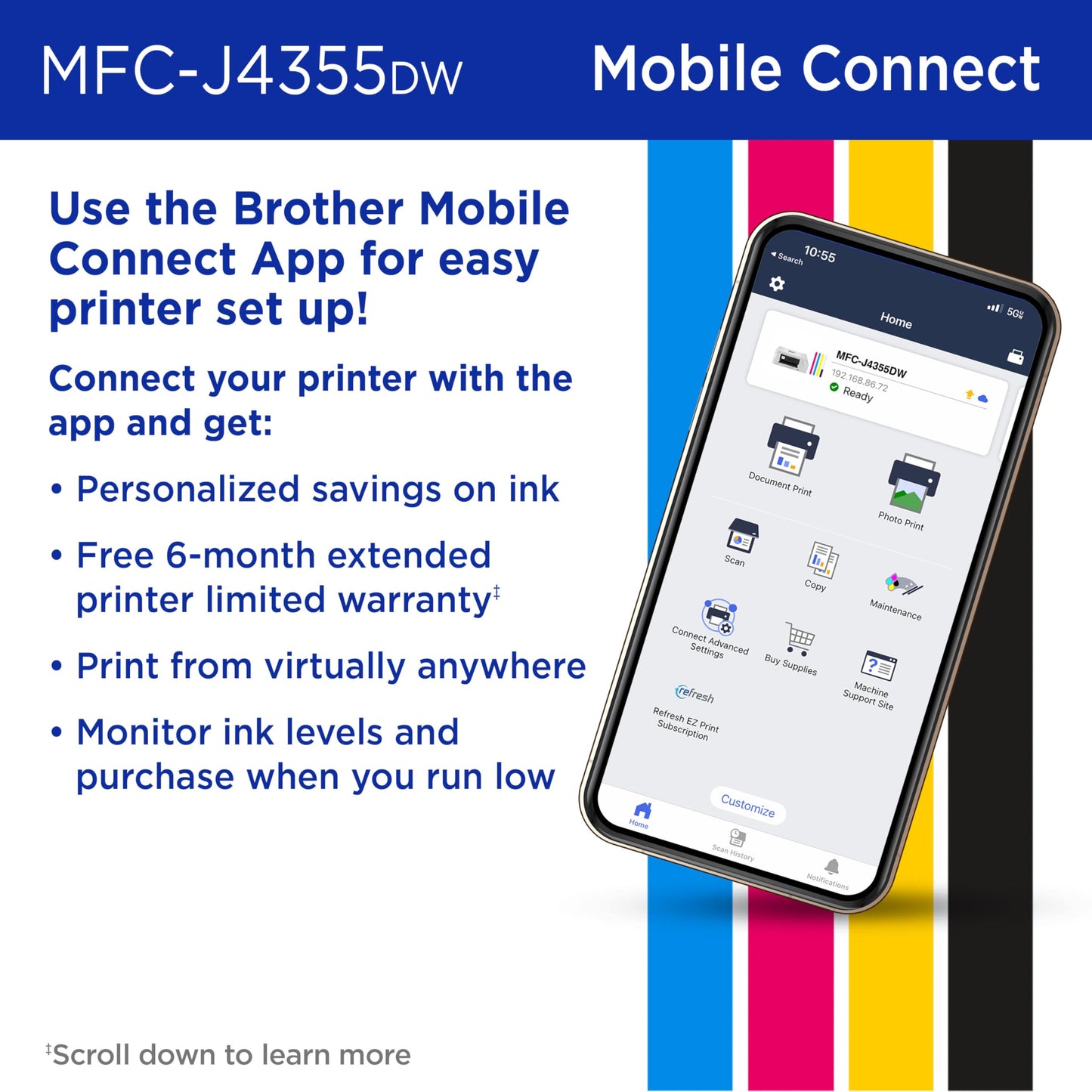 Brother INKvestment 4355 Wireless Color Inkjet All-in-One Printer with 1.8” Color Display and Manual Feed Slot | Includes Refresh Subscription Trial(1) (MFC-J4355DW)