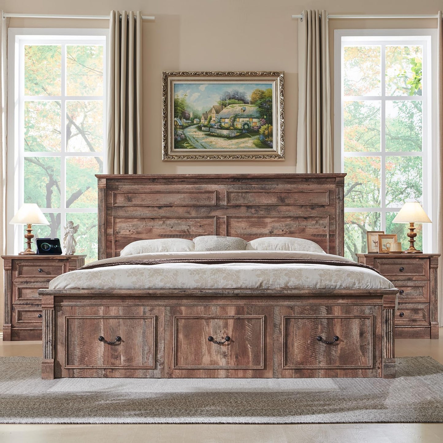 Aitjunz 26" Tall Farmhouse Nightstand, 3 Drawers End Table w/Charging Station, 23.6" Wide Large Side Table w/Roman Column, Wood Rustic Sofa Table for Bedroom, Light Brown